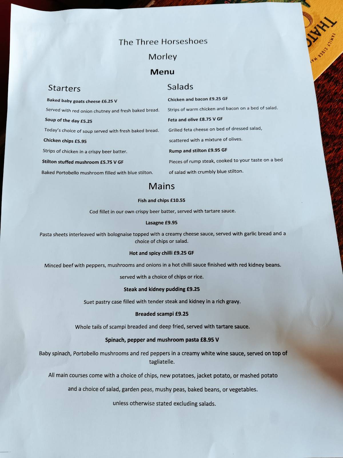 Menu at Three Horseshoes pub & bar, Stanley Common, Main Rd
