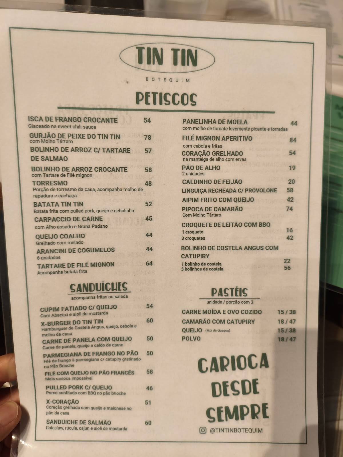 TIN TIN BOTEQUIM cardápio