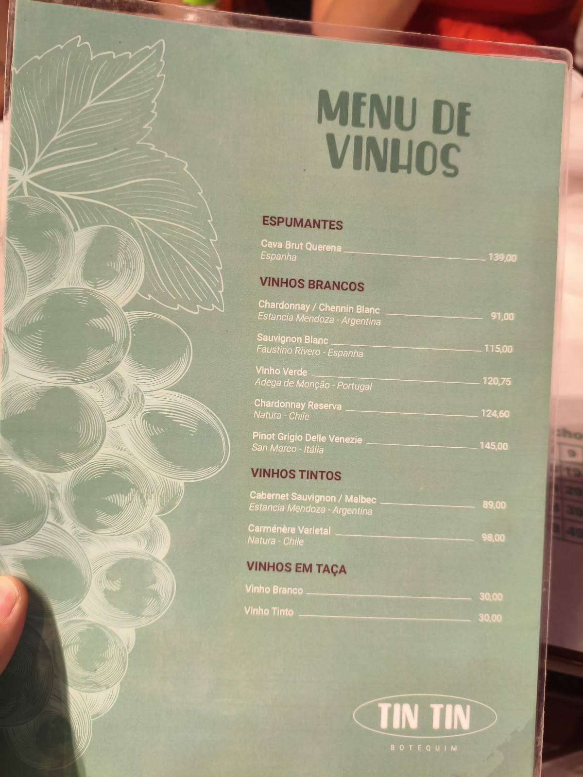 TIN TIN BOTEQUIM cardápio