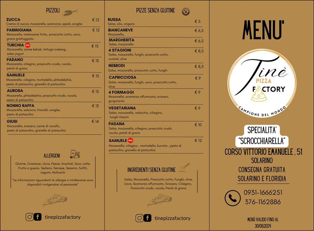 Menu di Tinè Pizza Factory 