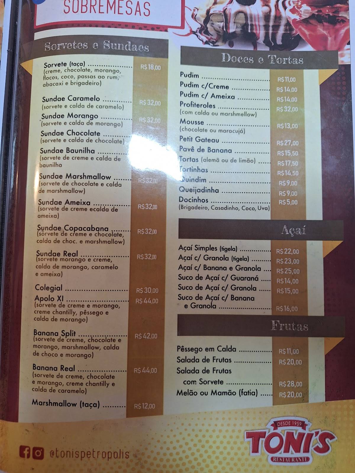 Toni's Restaurante cardápio