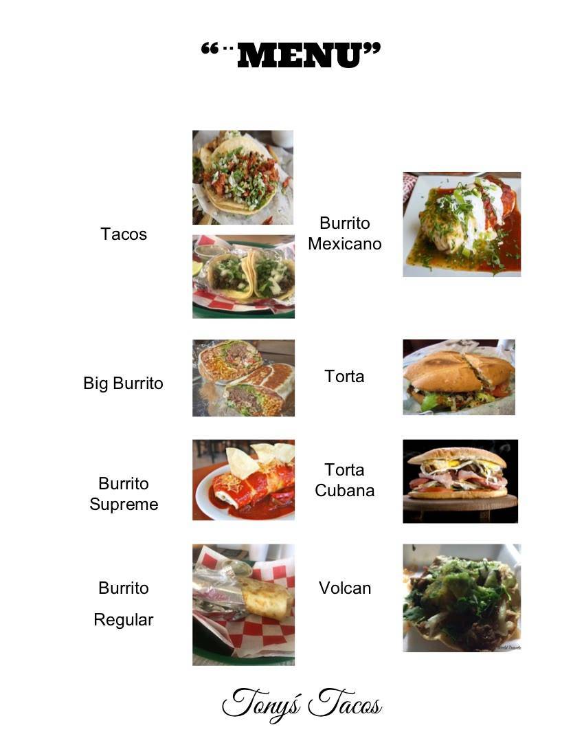 Menu at Tony's Tacos restaurant, Hastings, N Kansas Ave