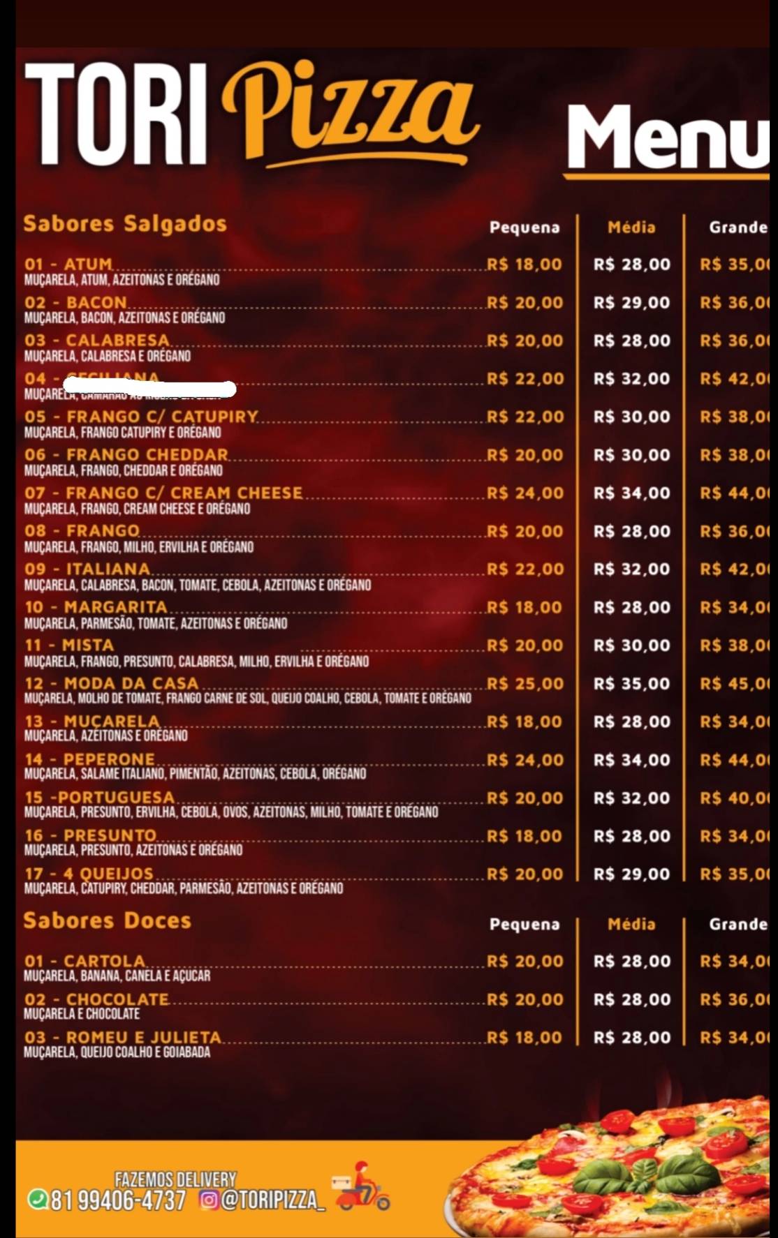 Tori pizza cardápio