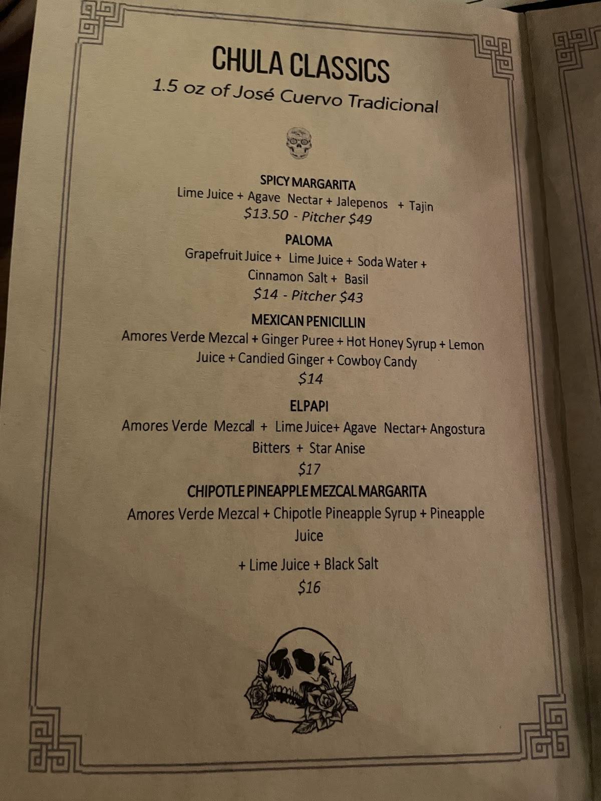 Menu de Chula Taberna Mexicana