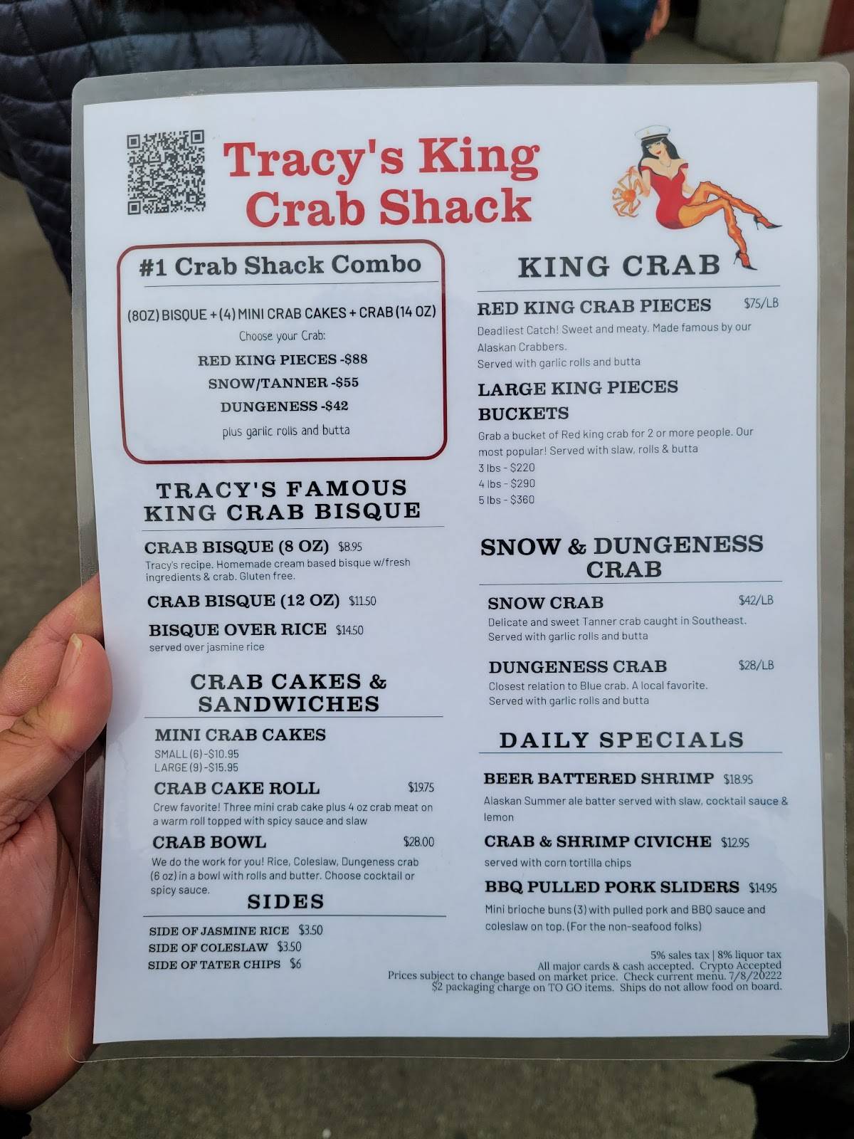 Menu at Tracy’s King Crab Shack restaurant, Juneau, 432 S Franklin St