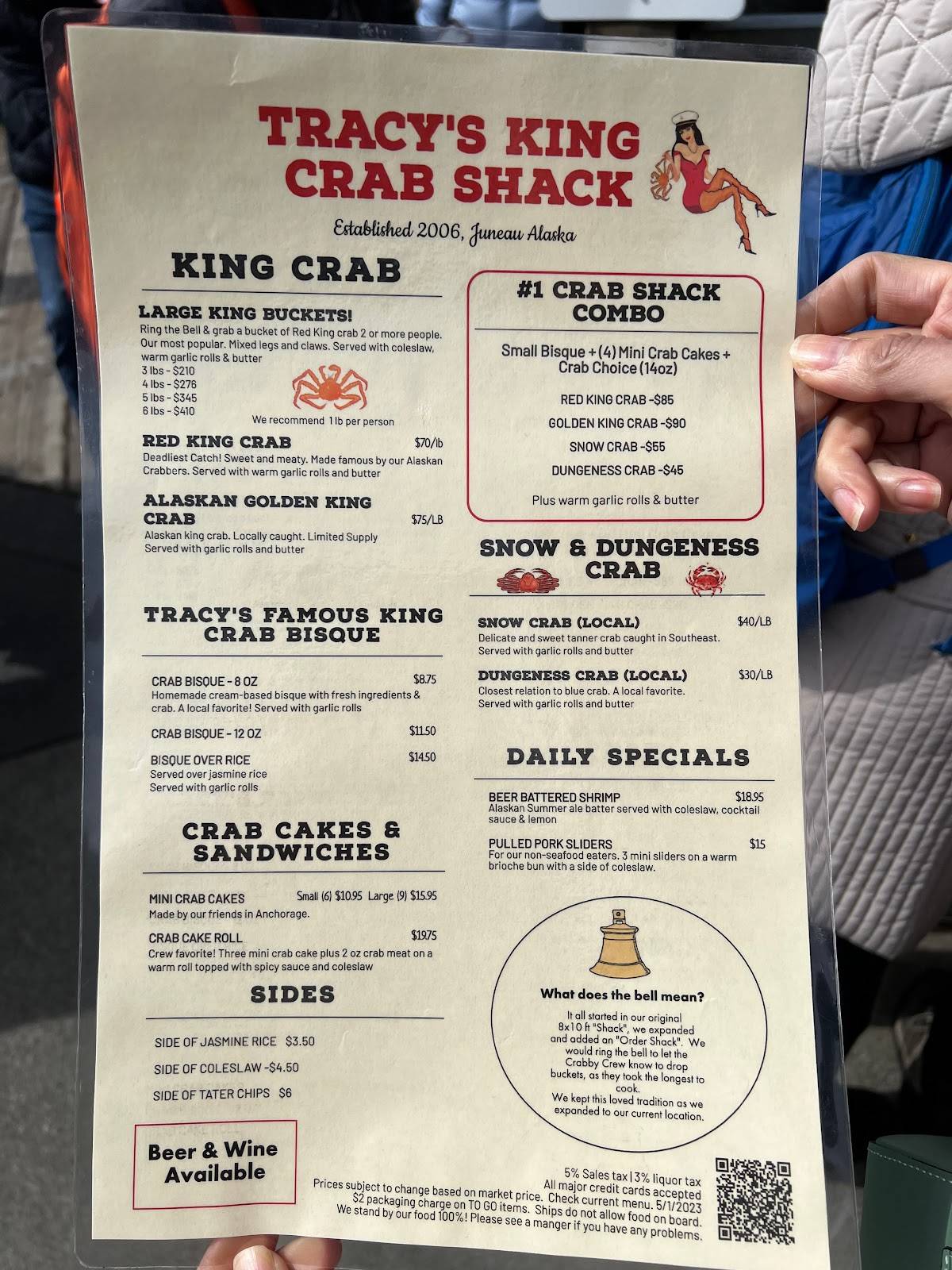 Menu at Tracy’s King Crab Shack restaurant, Juneau, 432 S Franklin St