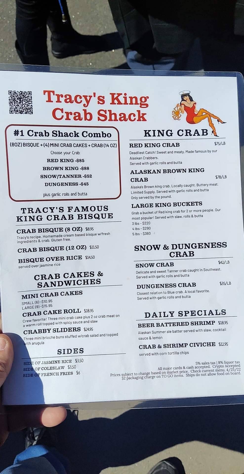Menu at Tracy’s King Crab Shack restaurant, Juneau, 432 S Franklin St