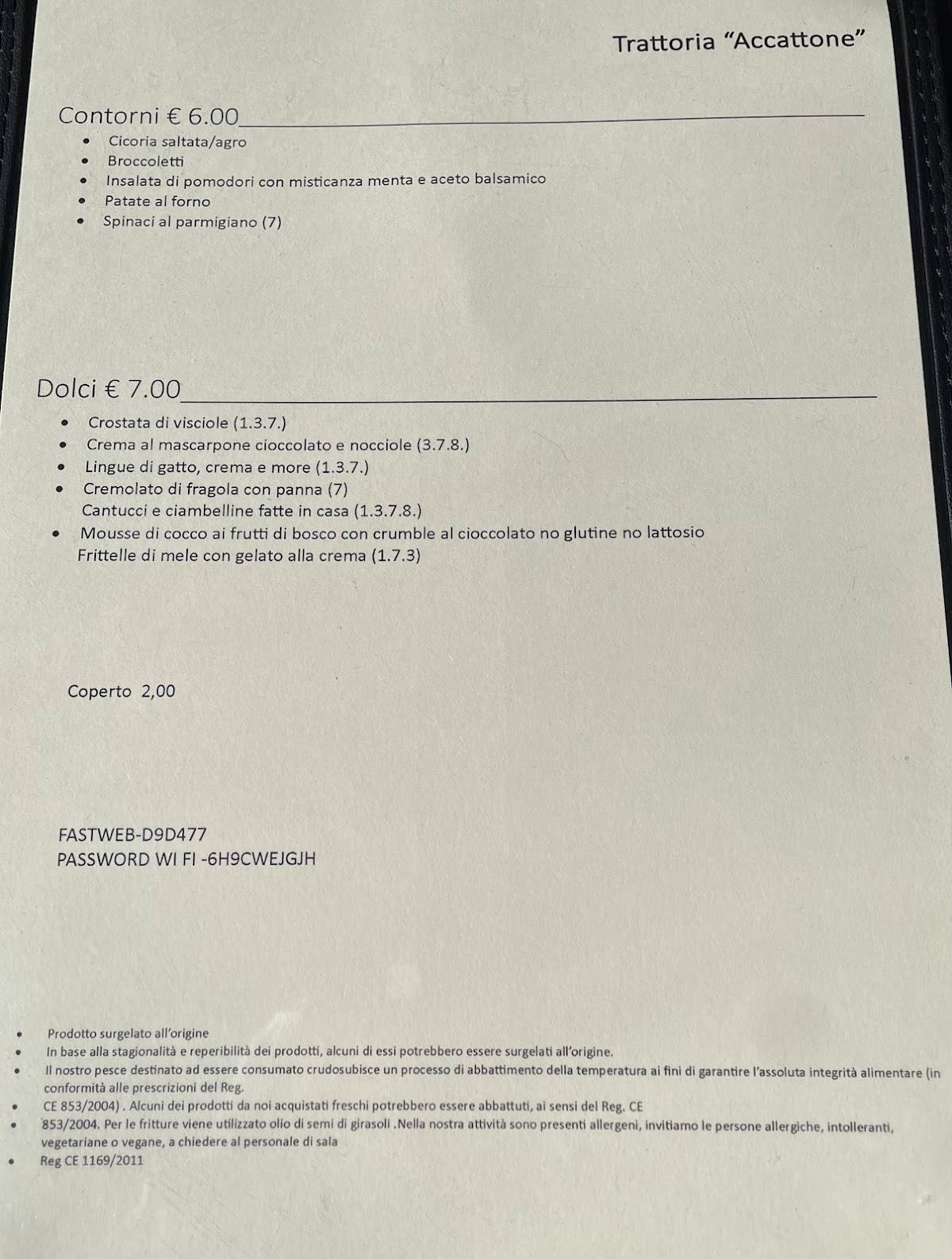 Menu di Trattoria Accattone 