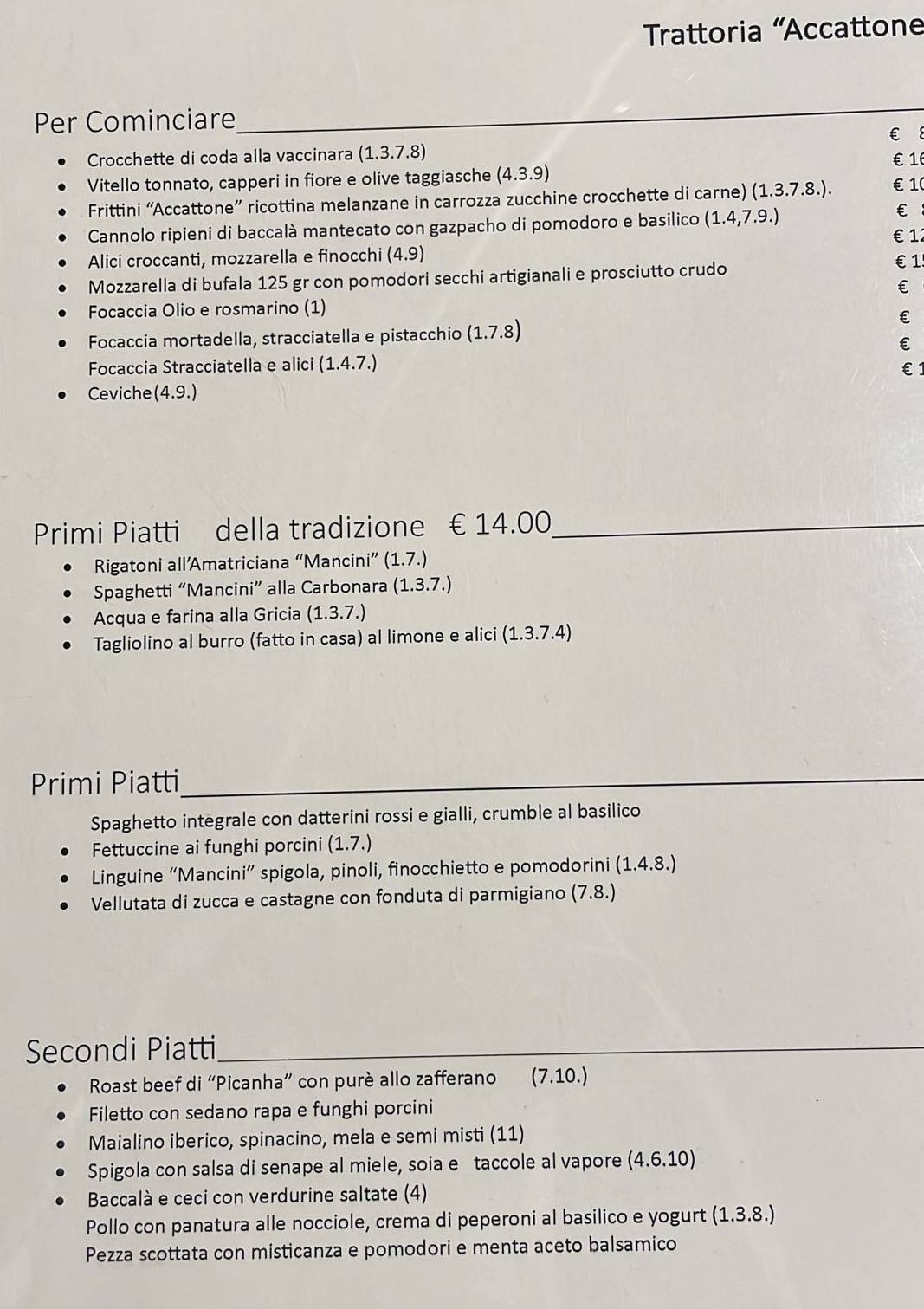 Menu di Trattoria Accattone 