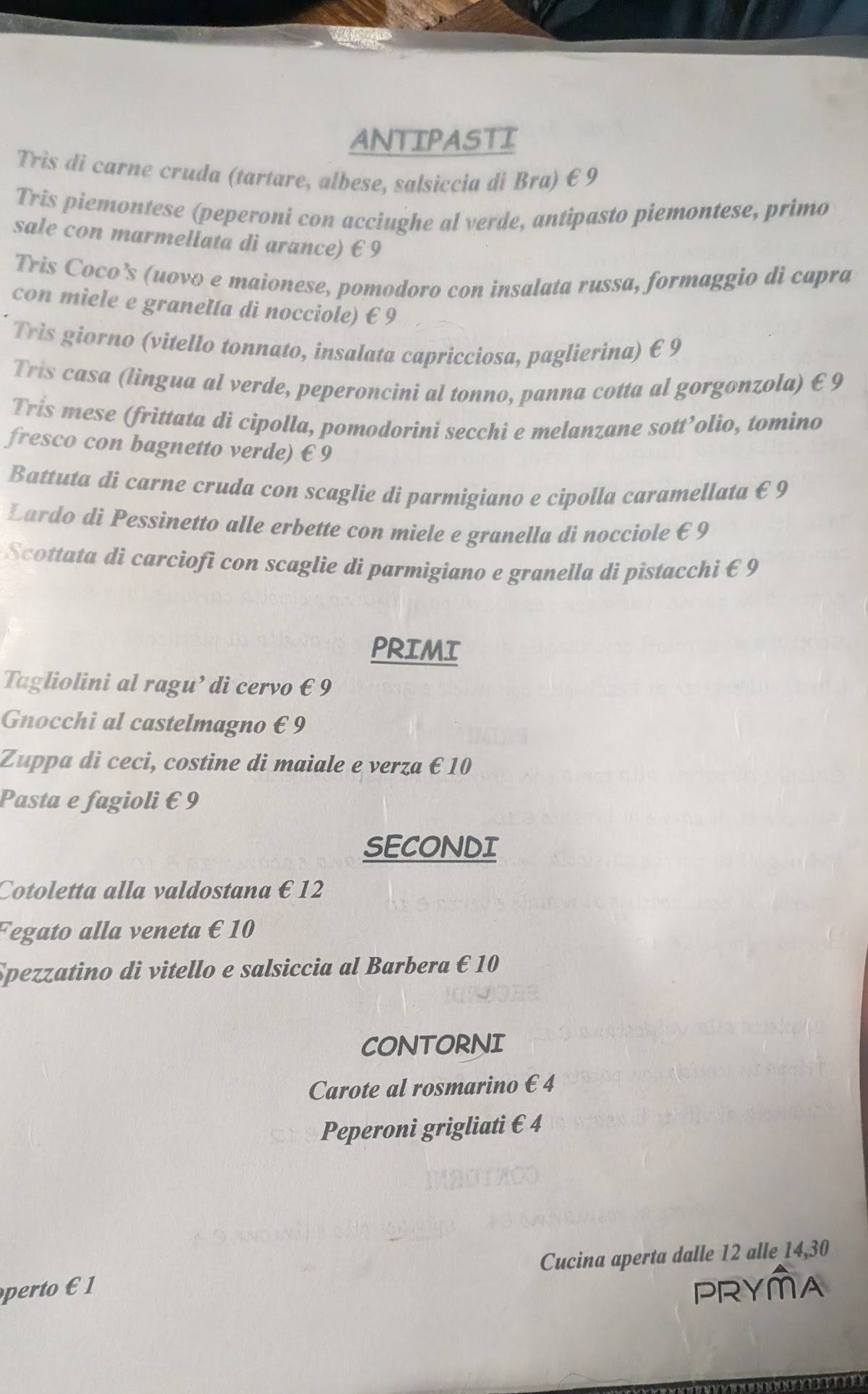 Menu de Trattoria Bar Coco's