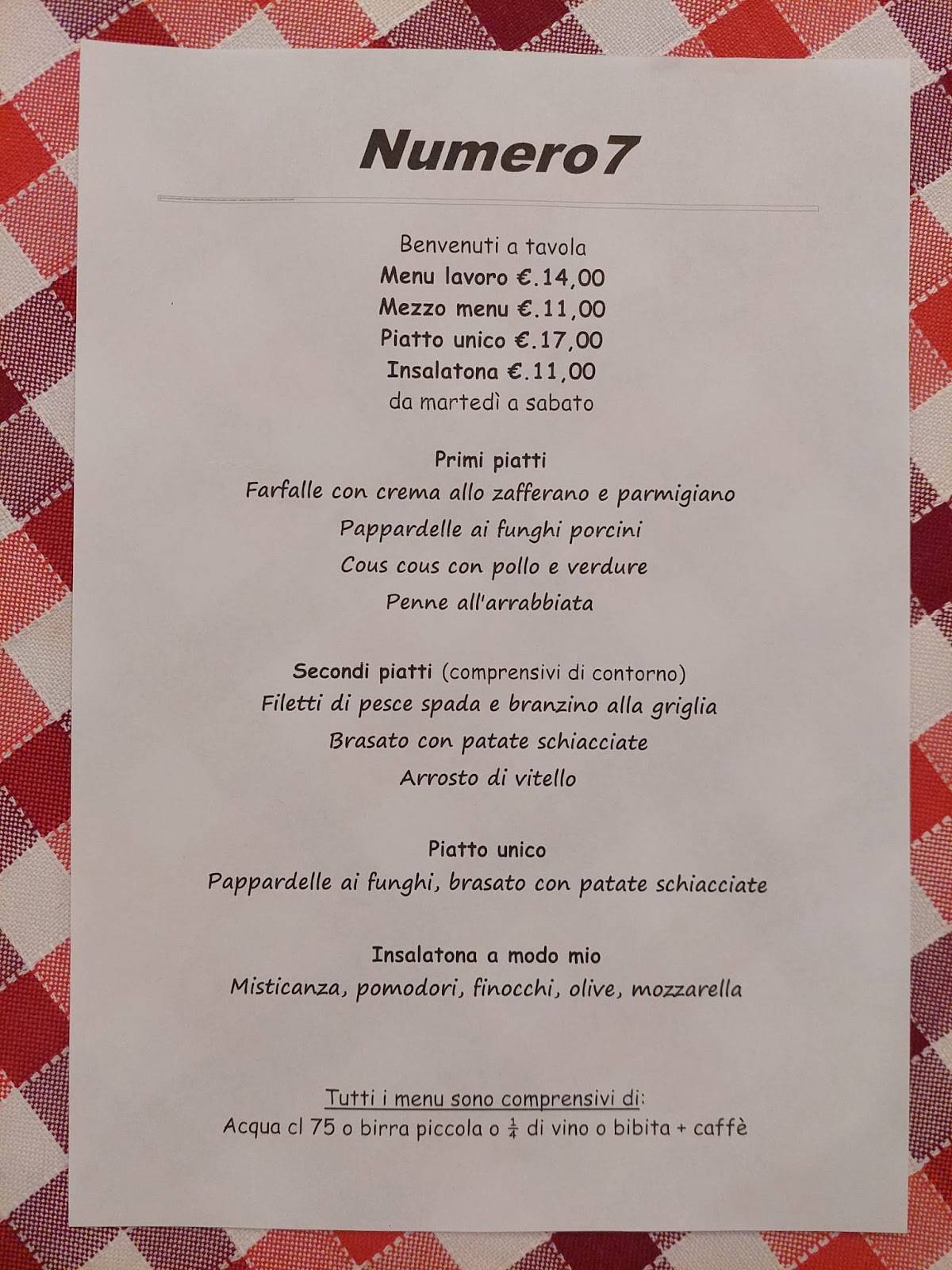 Menu di Trattoria Pizzeria Griglieria Numero7 