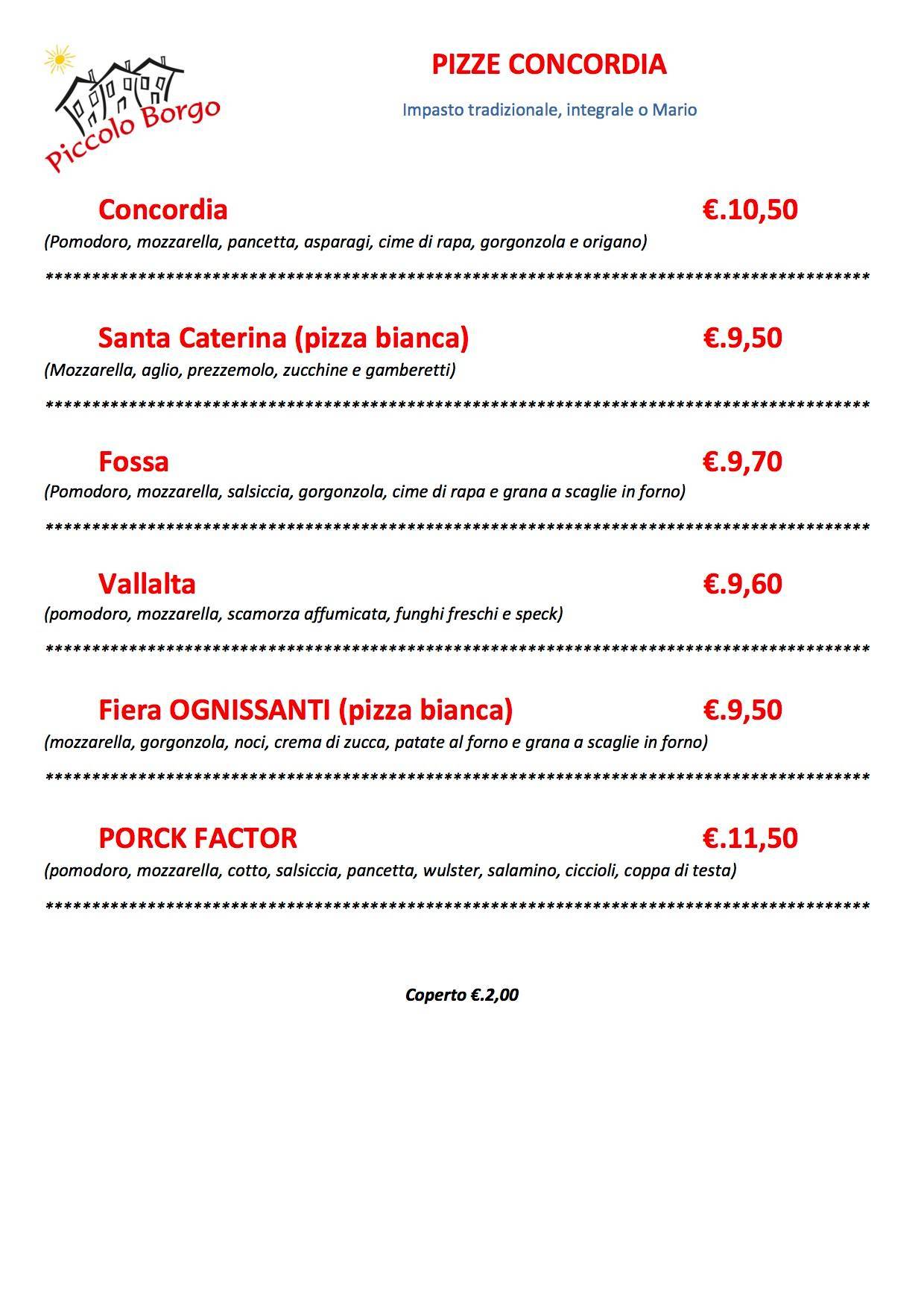 Menu di Trattoria Pizzeria Piccolo Borgo 