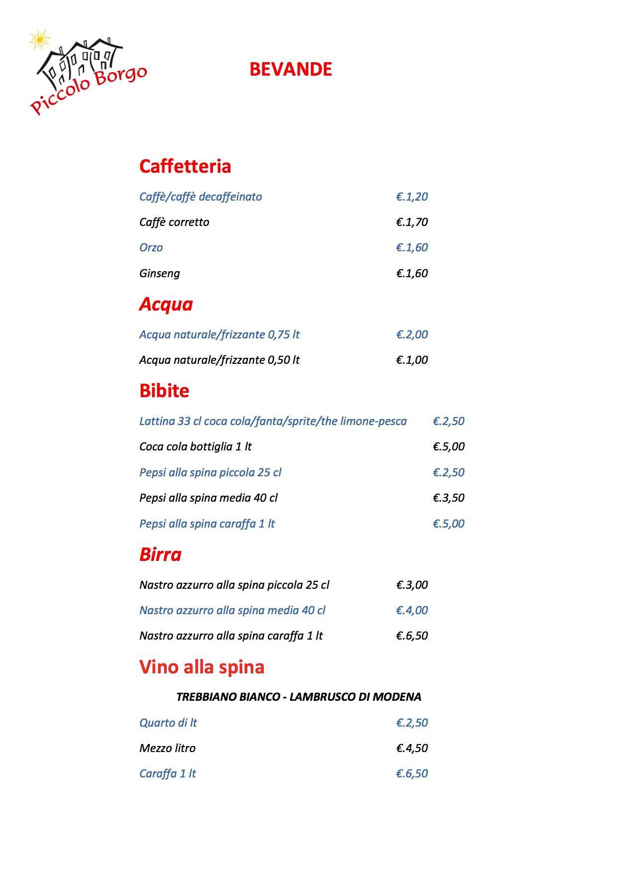 Menu di Trattoria Pizzeria Piccolo Borgo 