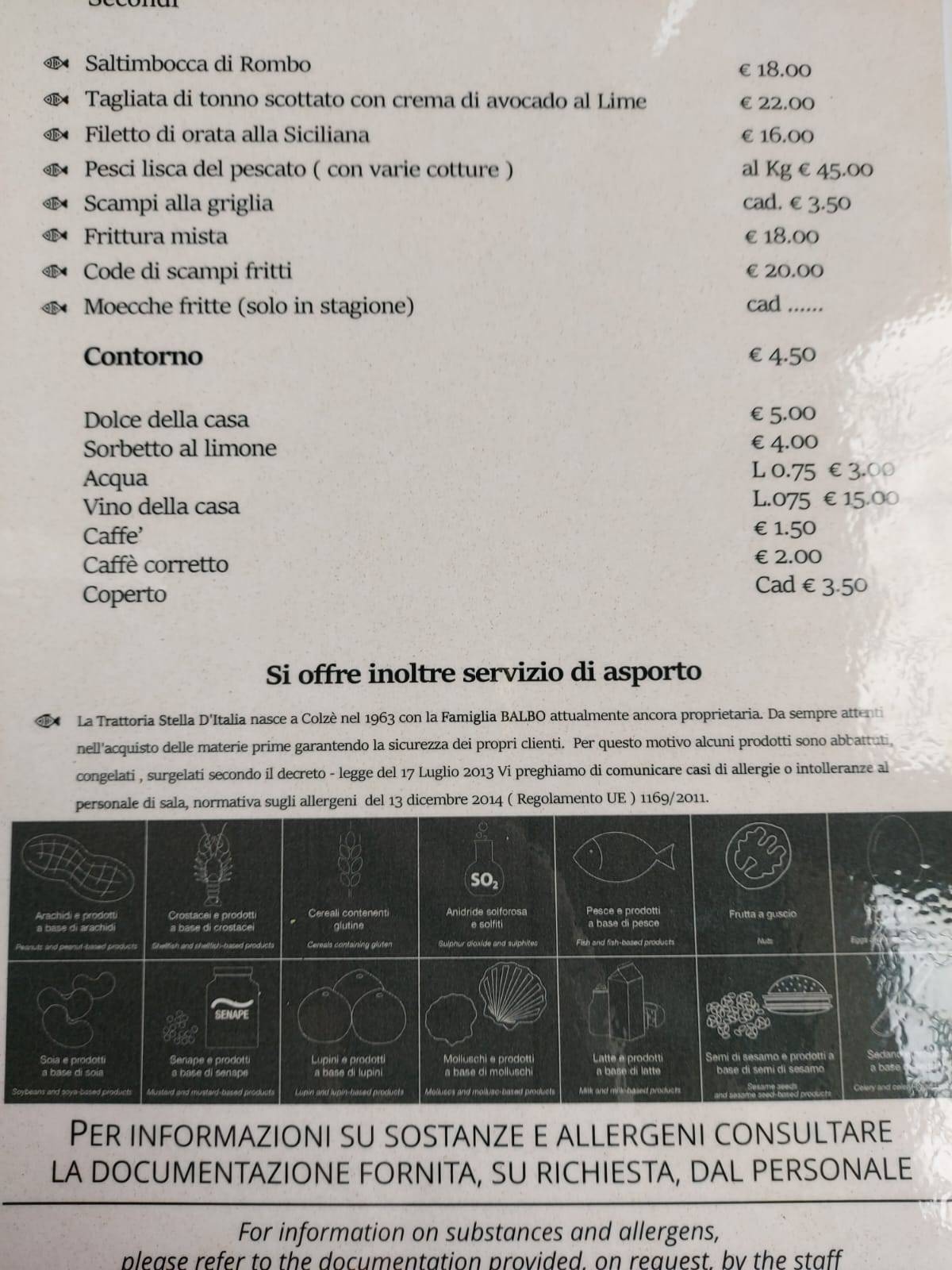 Menu di Trattoria Stella D'Italia di Colze’ 