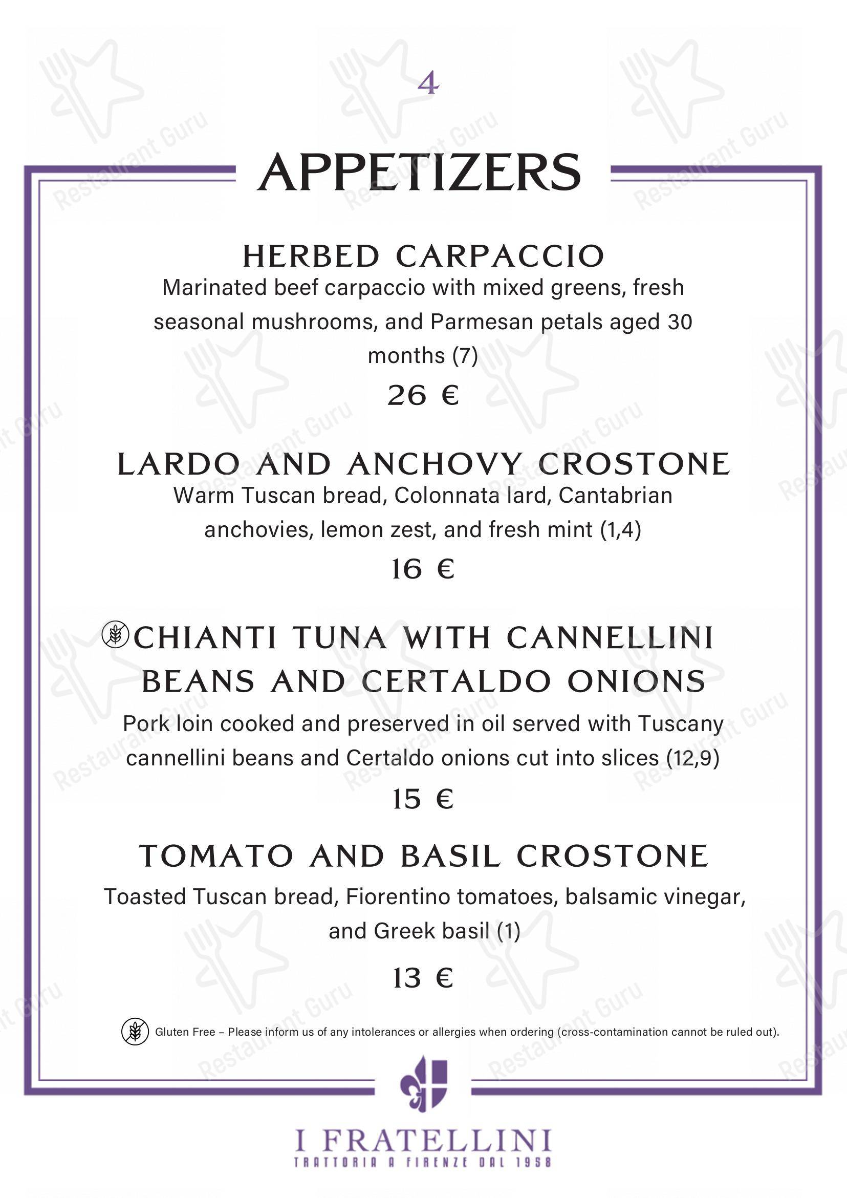 Основное меню per Trattoria i Fratellini in Firenze