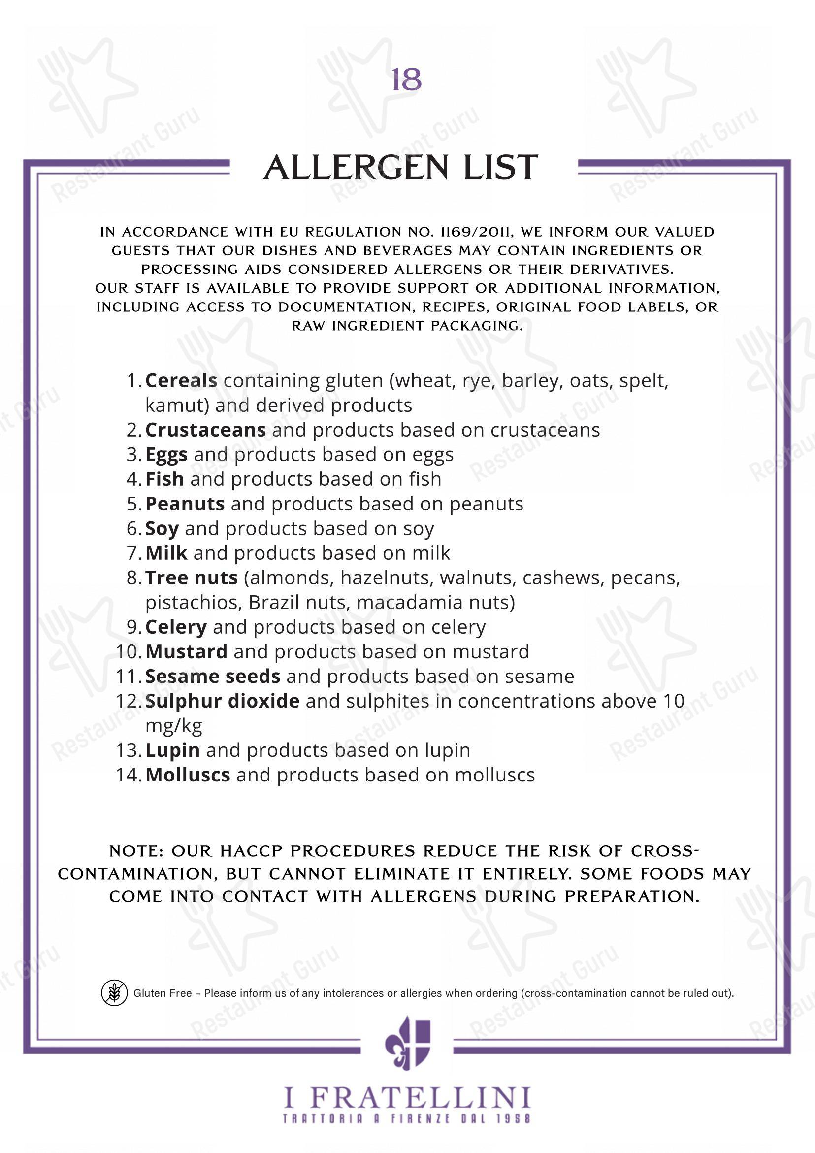 Trattoria i Fratellini in Firenze - Основное меню