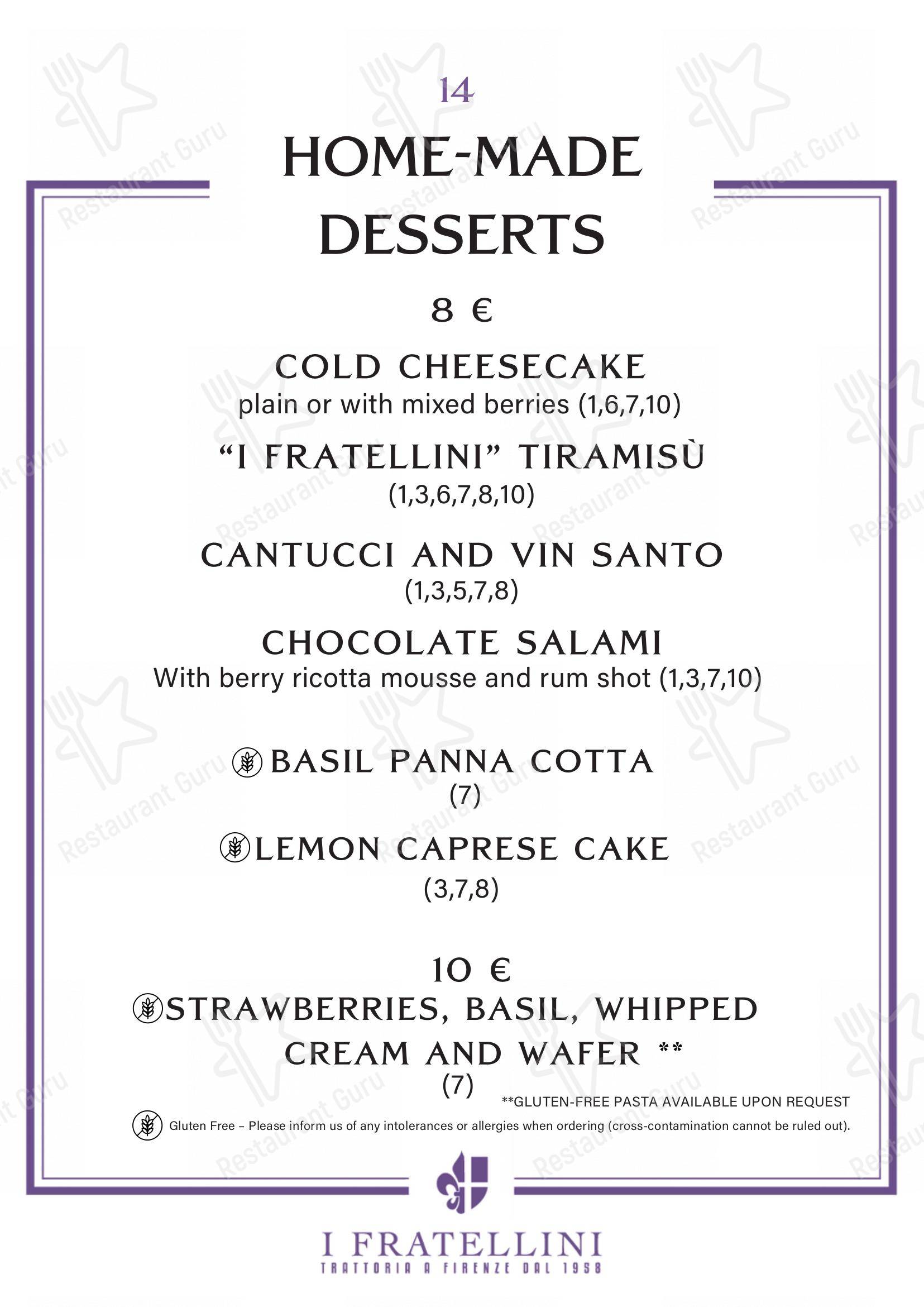 Основное меню per Trattoria i Fratellini in Firenze