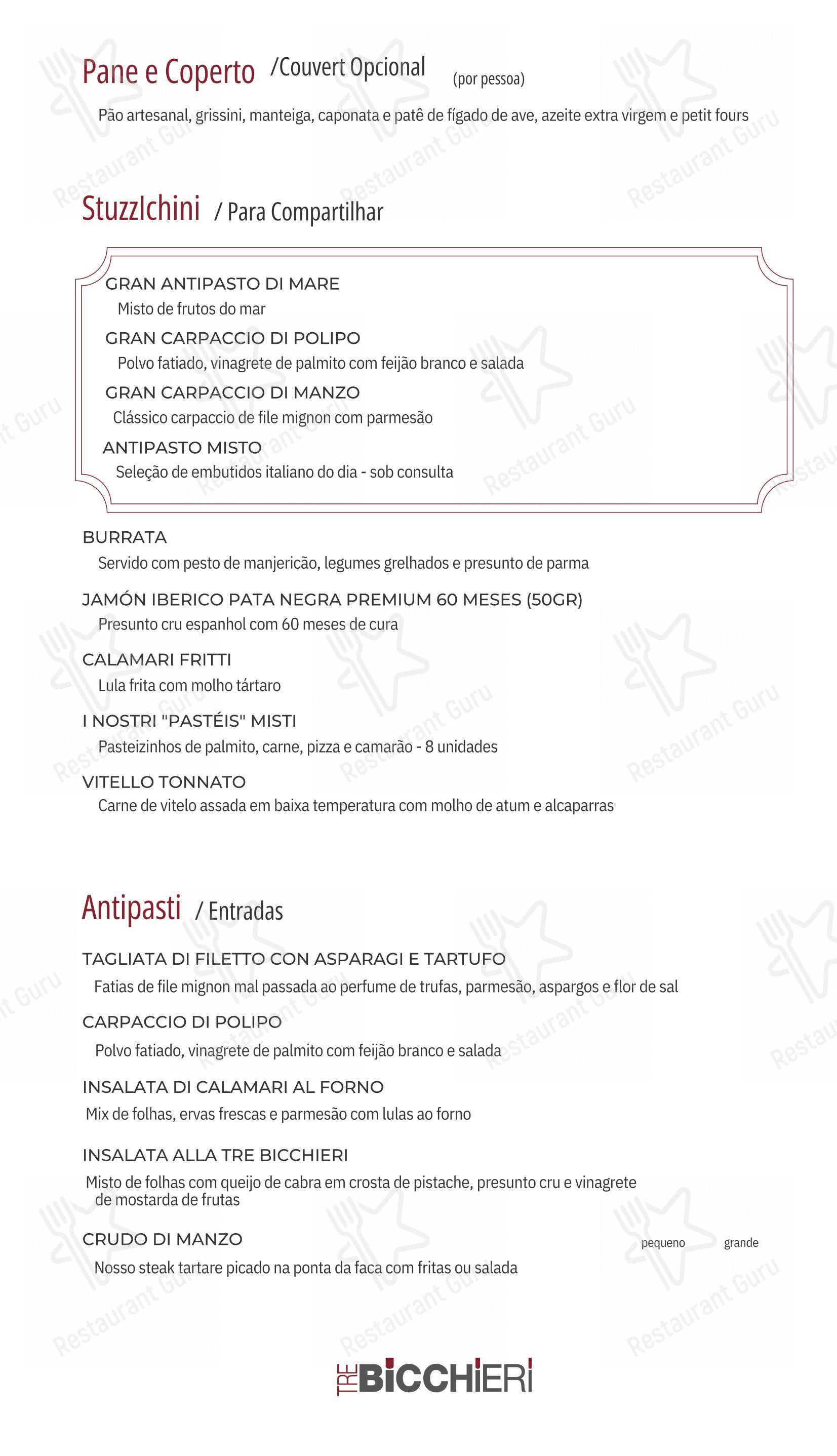 Menu para Tre Bicchieri restaurante