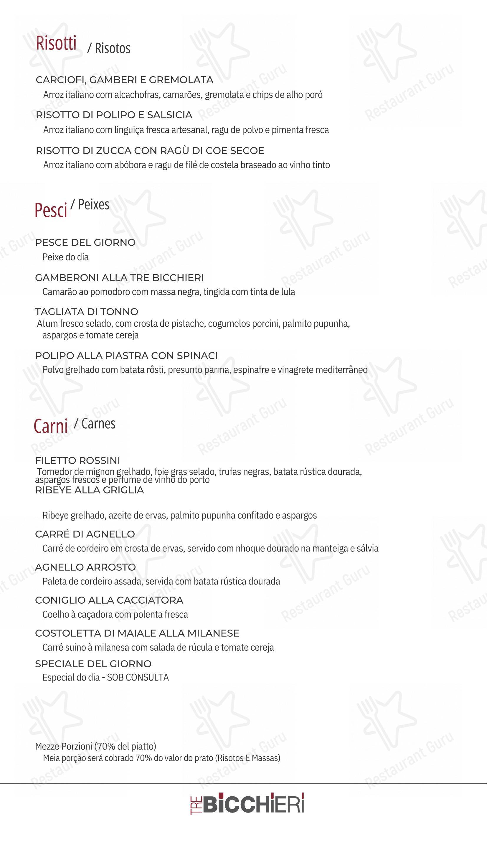 Menu para Tre Bicchieri restaurante