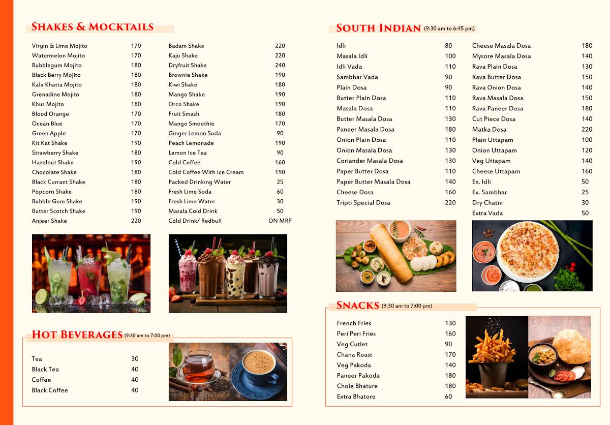 Tripti Studio restaurant menu