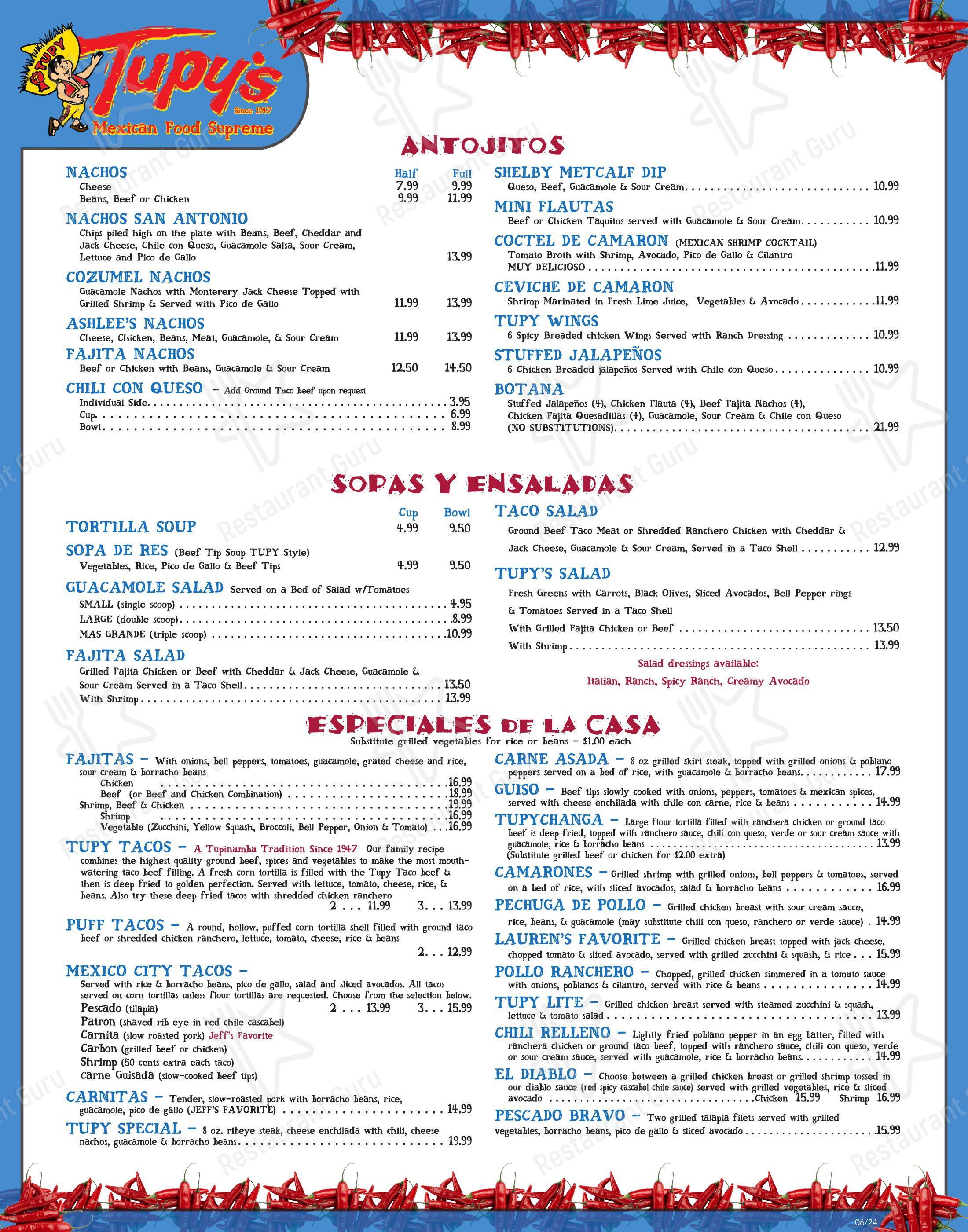 Menu at Tupy's restaurant, Frisco