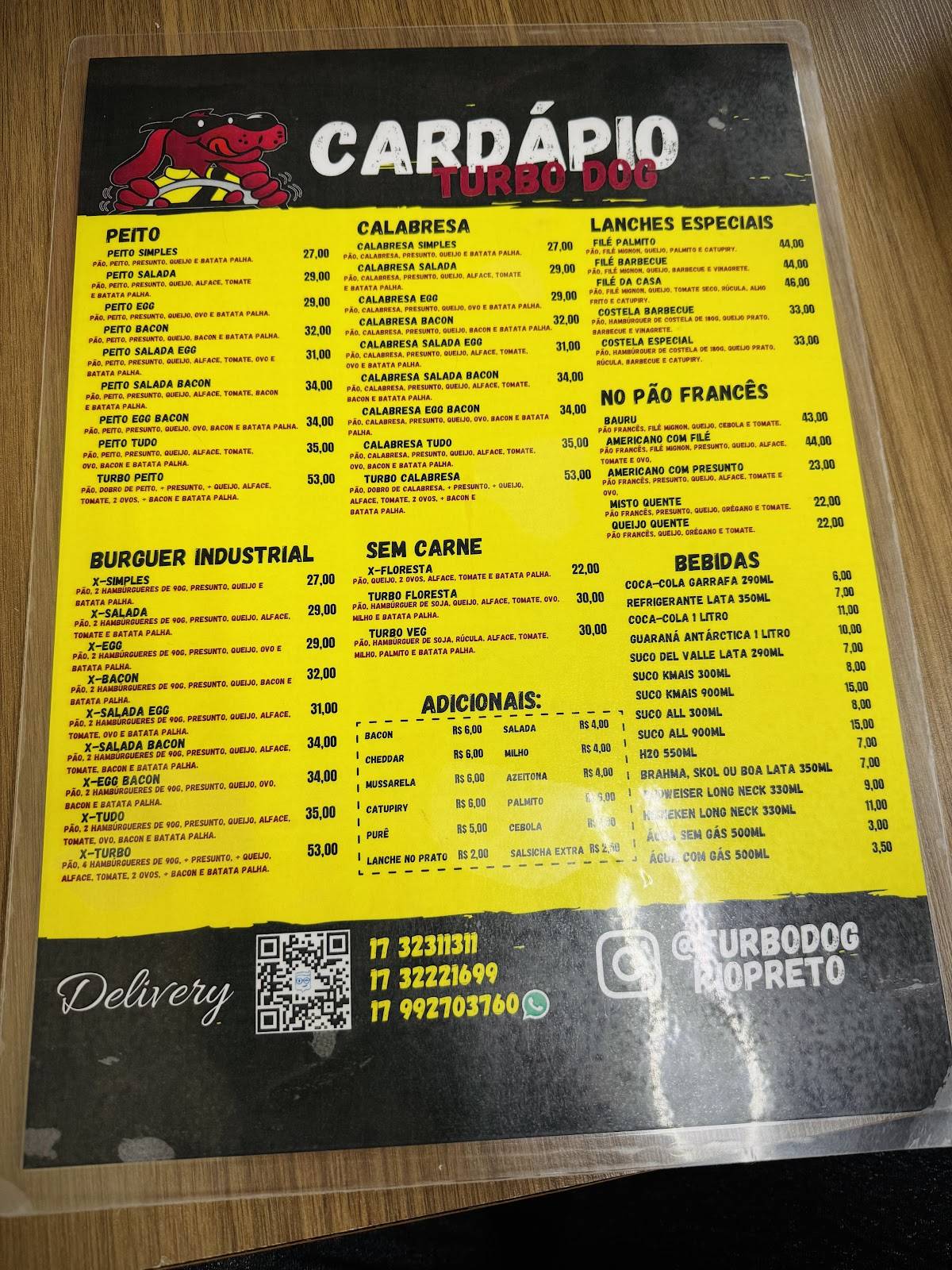 Turbo Dog cardápio