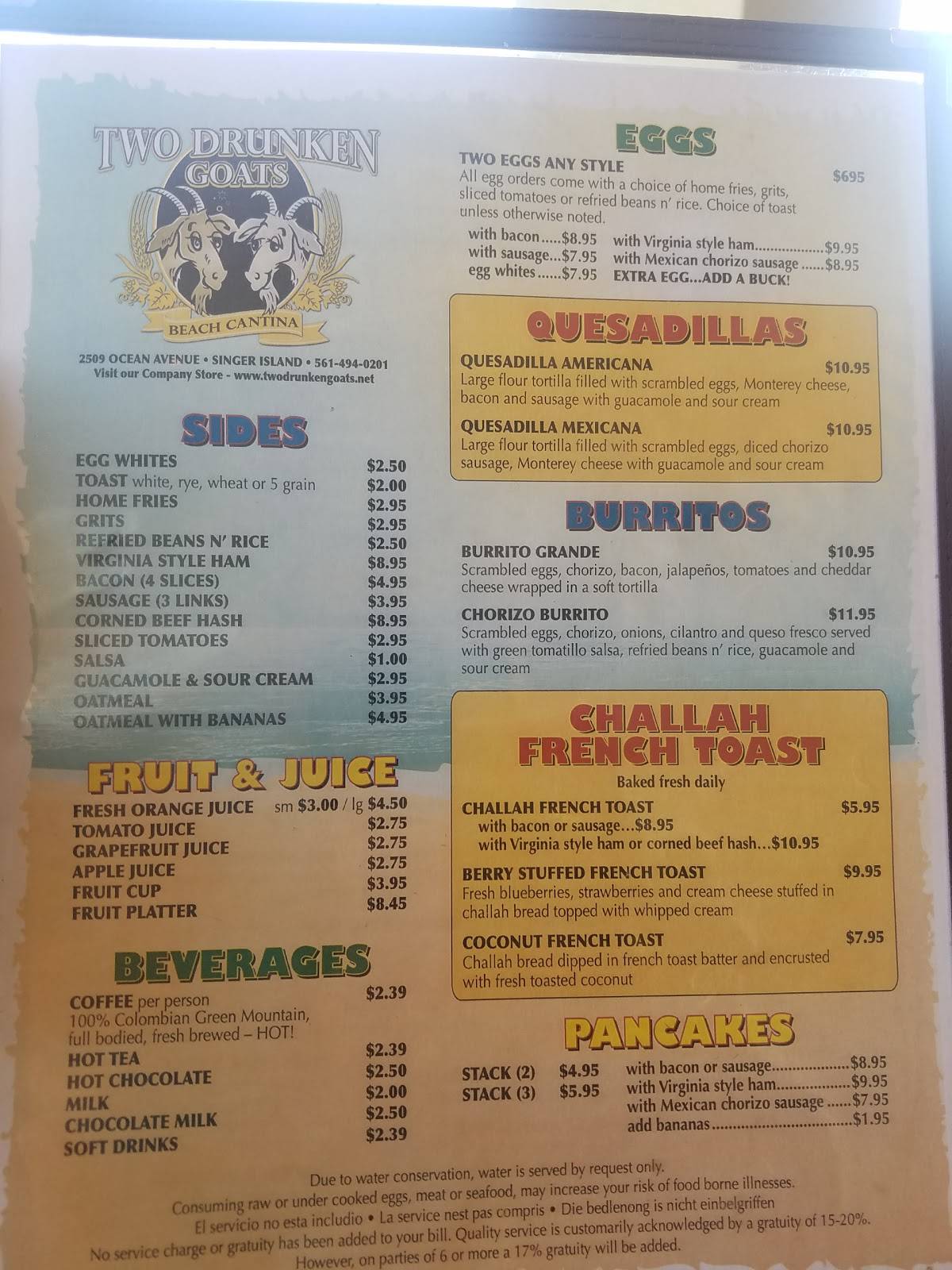 Menu at Two Drunken Goats pub & bar, Riviera Beach