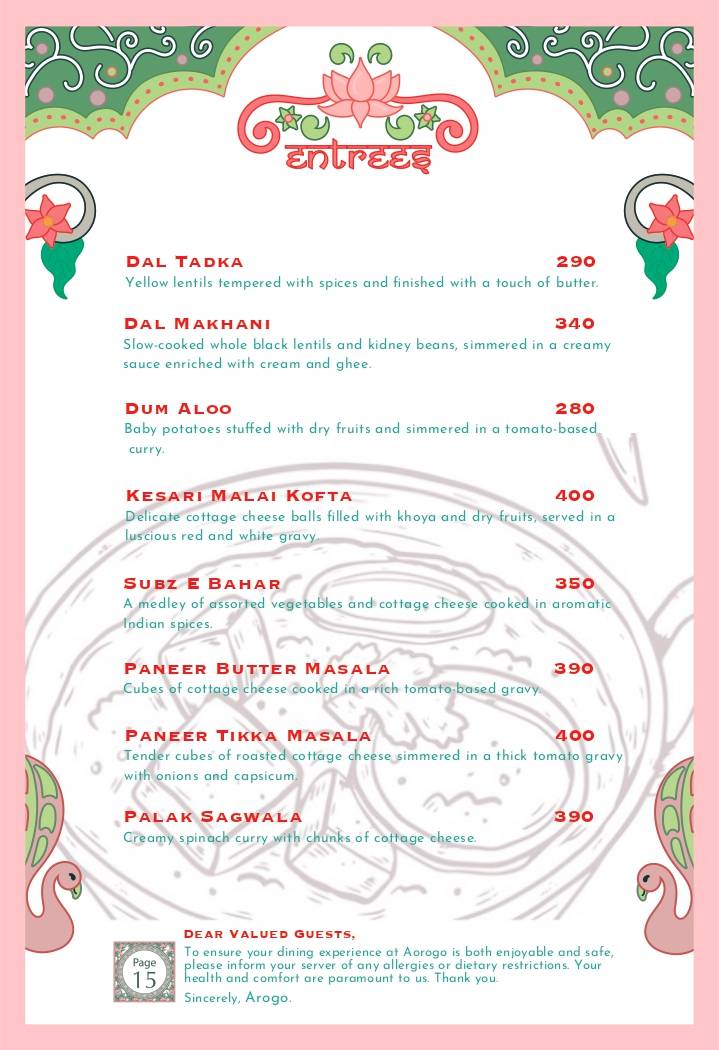 Arogo Restaurant menu