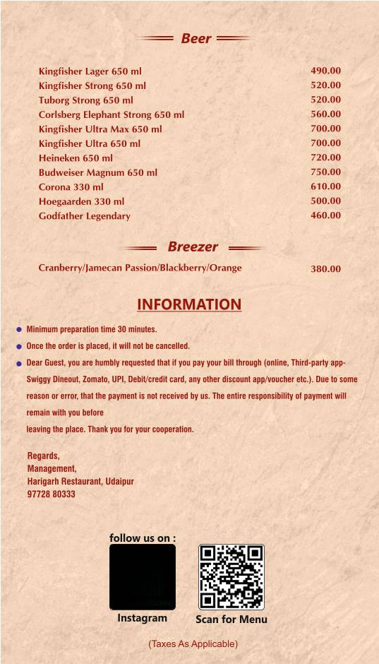 Restaurant Harigarh menu
