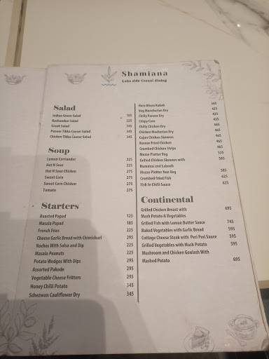 Shamiana Roof Top Restaurant & Lounge menu
