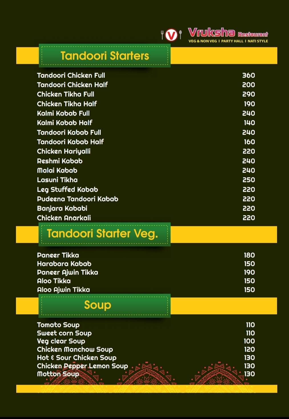 VRUKSHA RESTAURANT menu