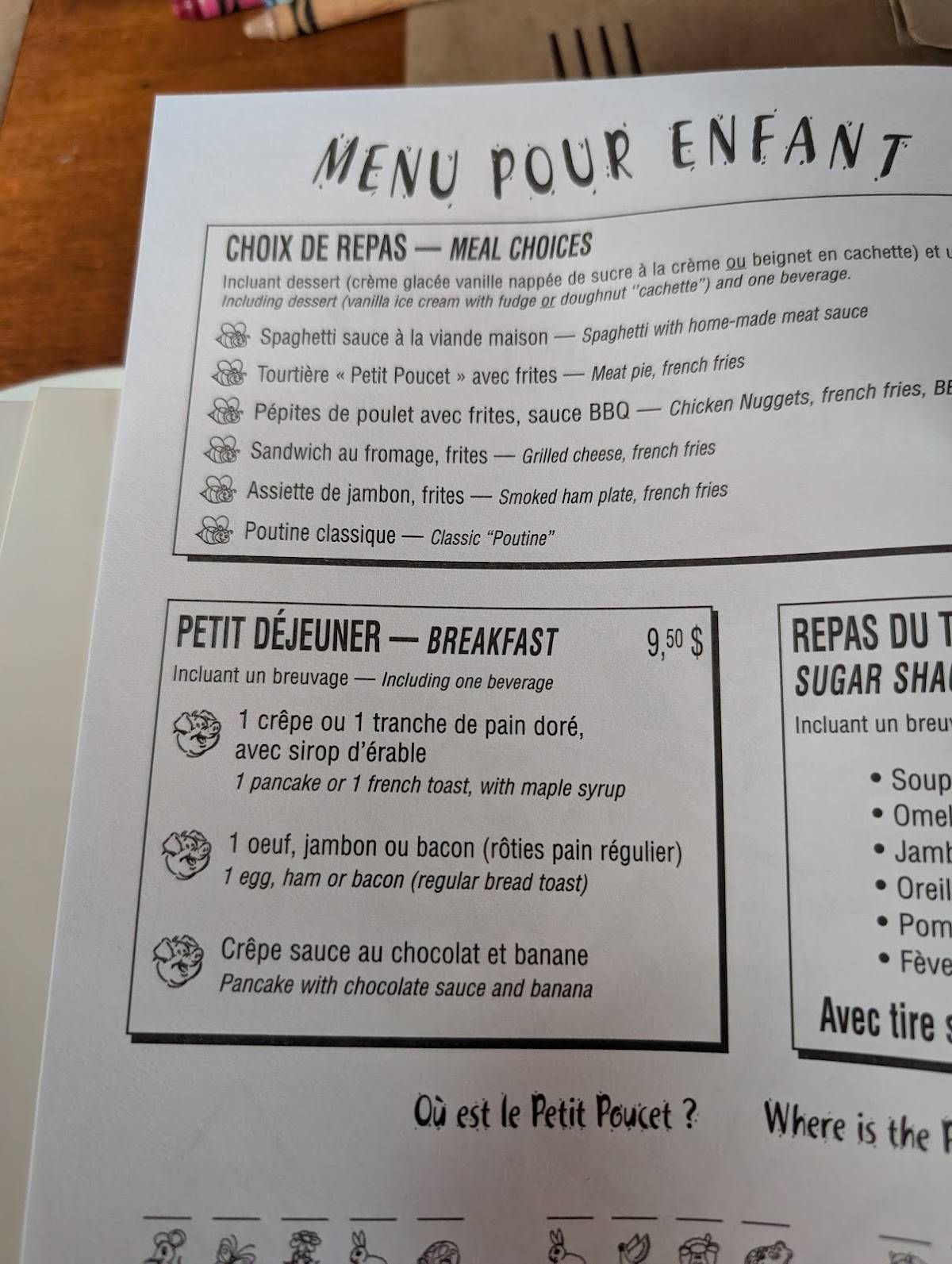Menu de Restaurant au petit Poucet