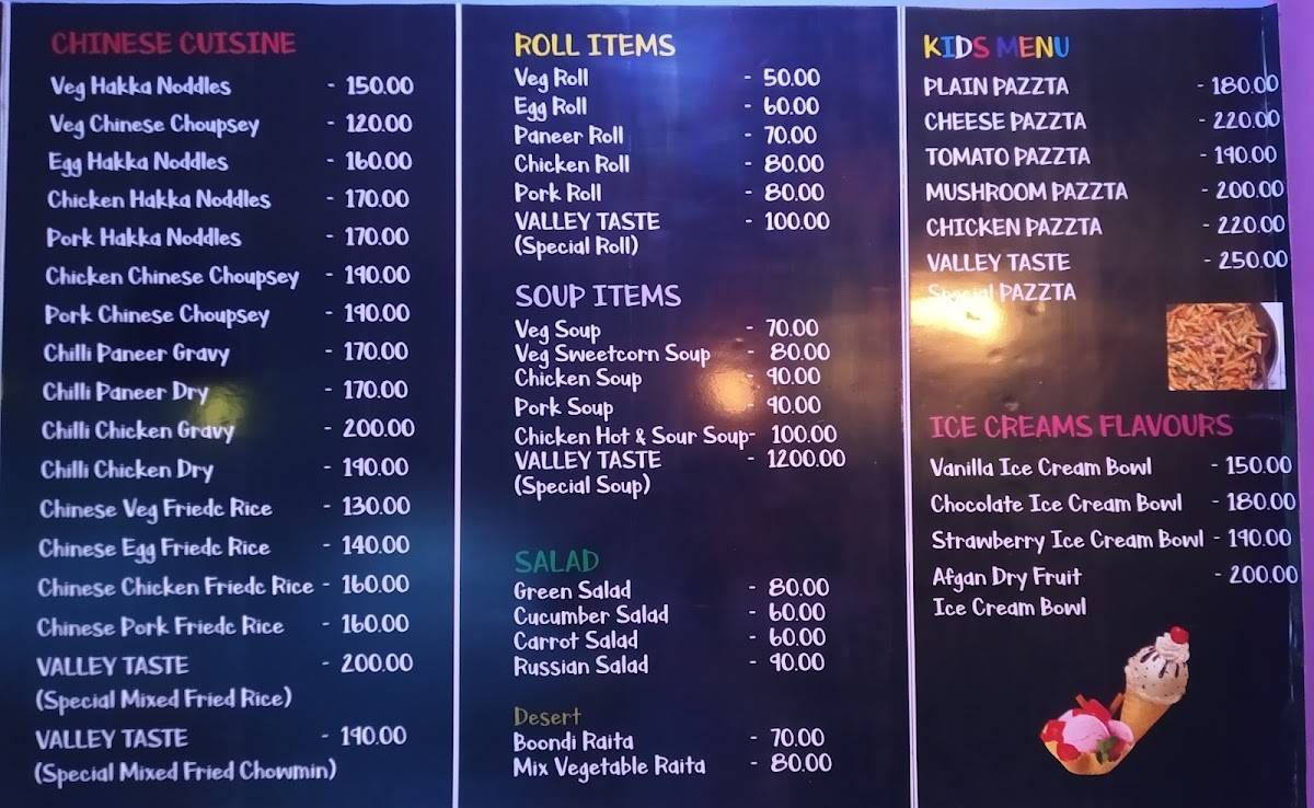 Valley Taste Restaurant menu
