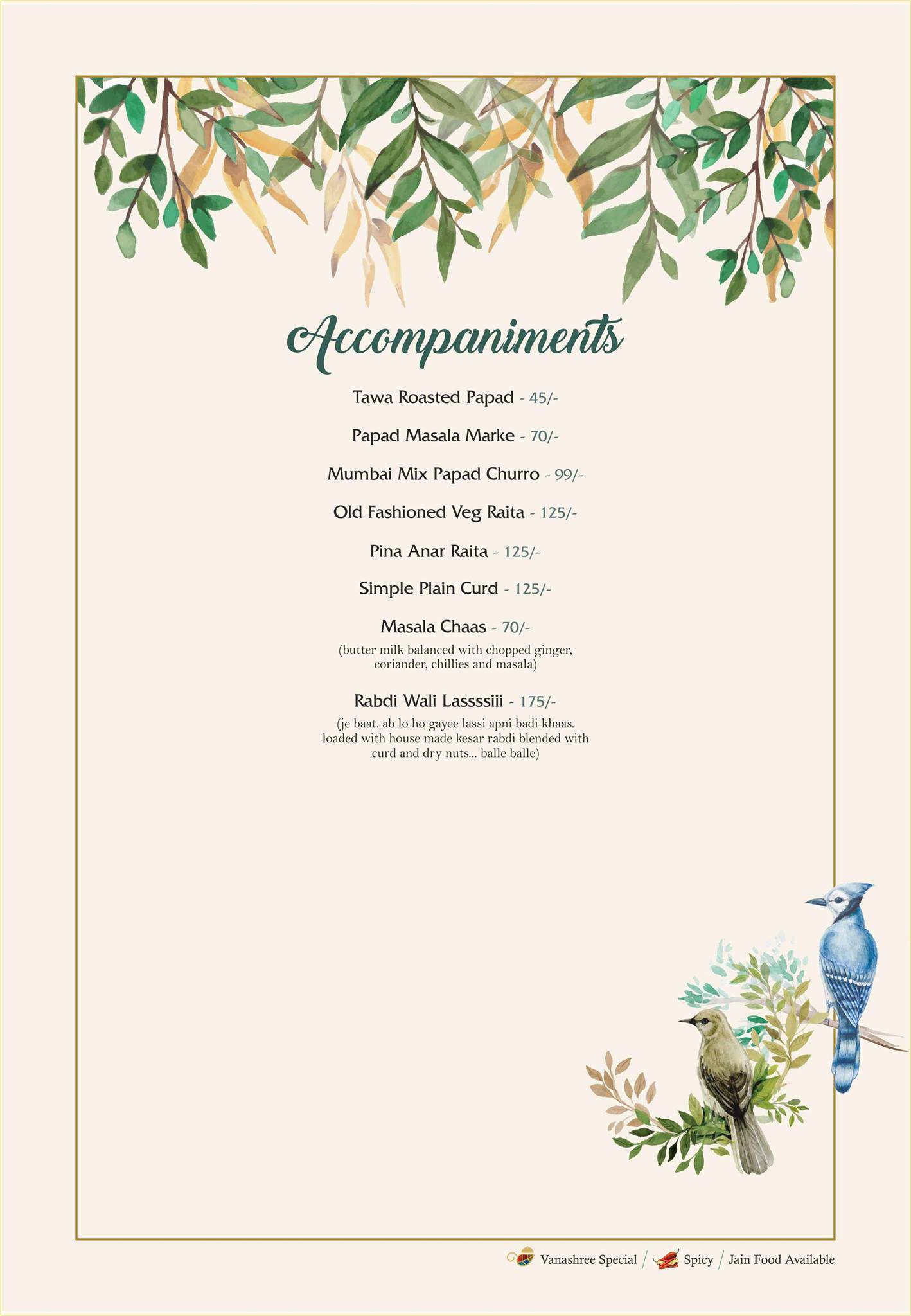 Vanashree menu