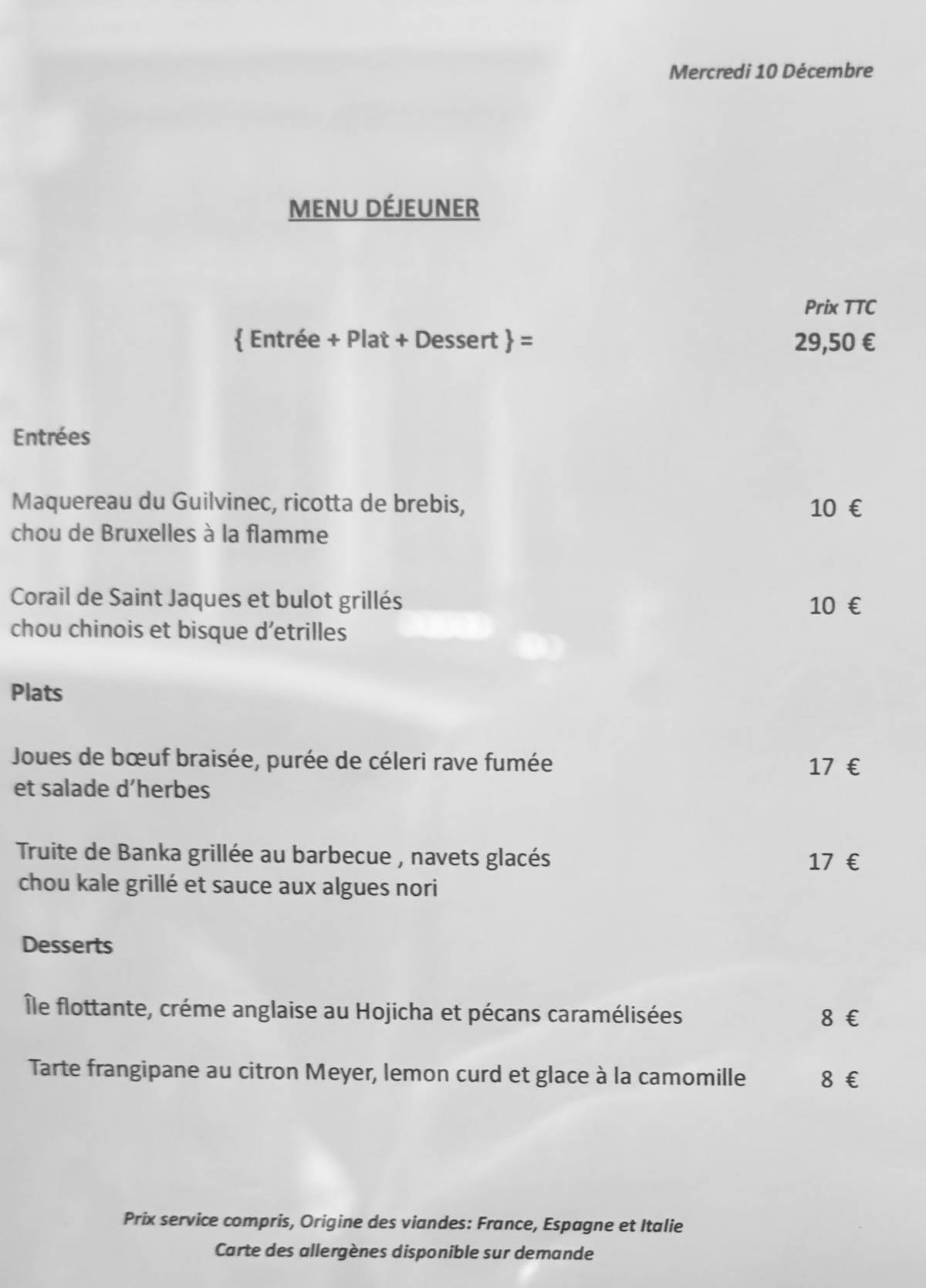 Menu de Vantre