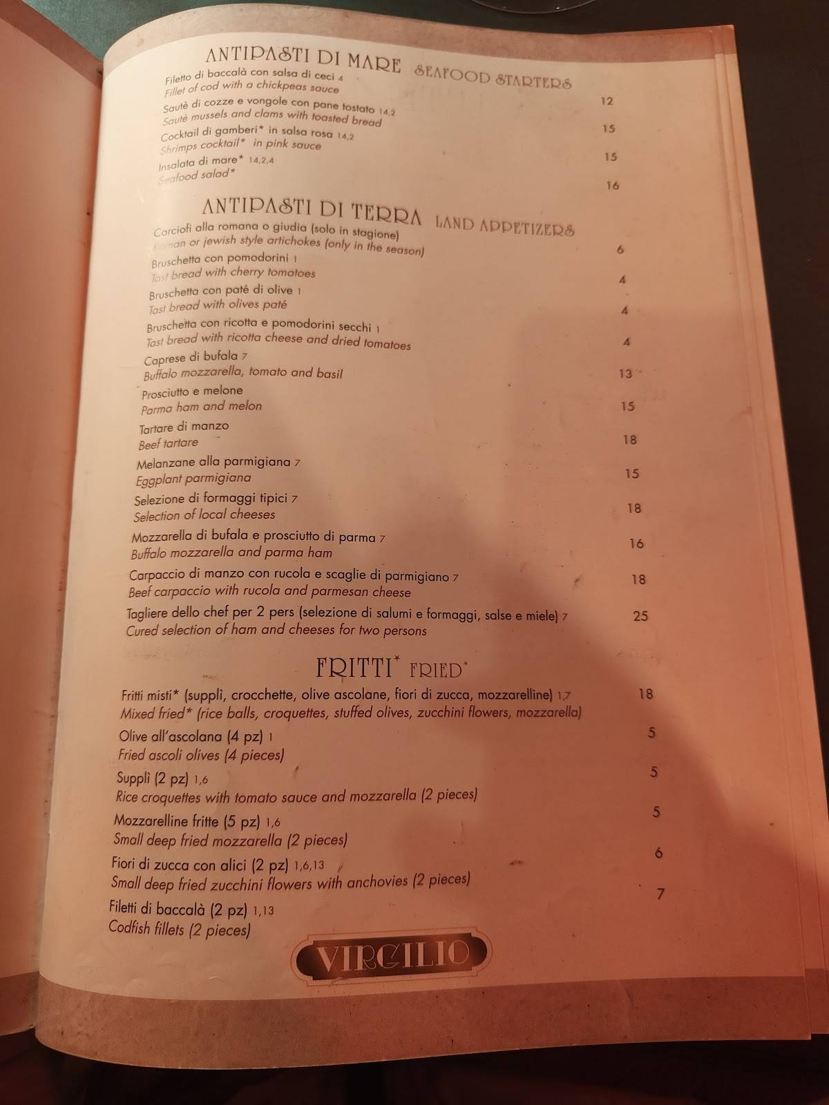 Menu di Ristorante Virgilio 