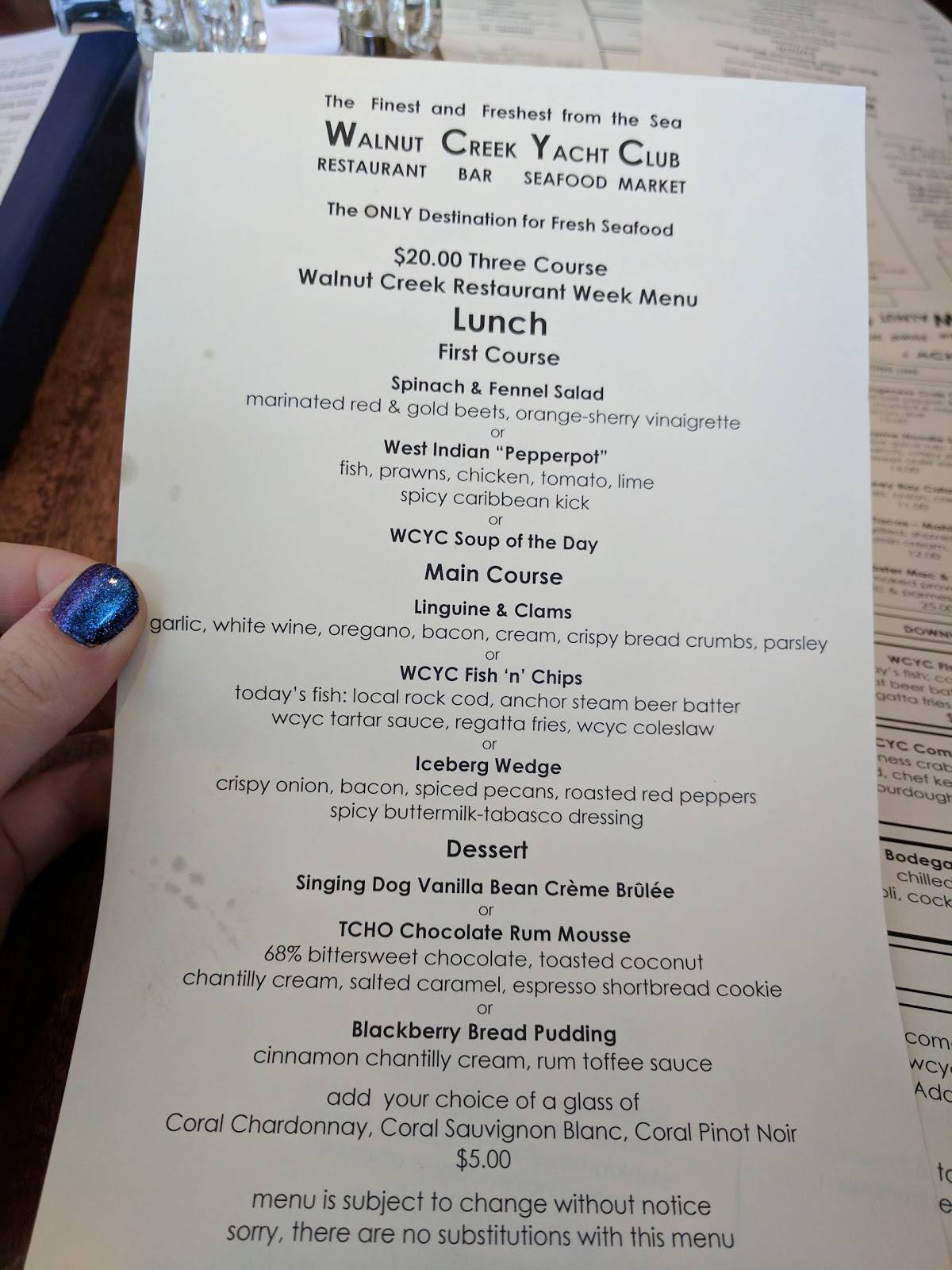 Walnut Creek Yacht Club menu