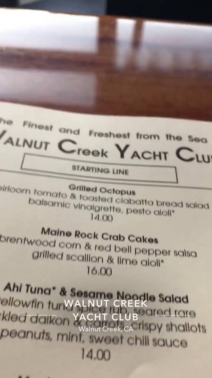 Walnut Creek Yacht Club menu