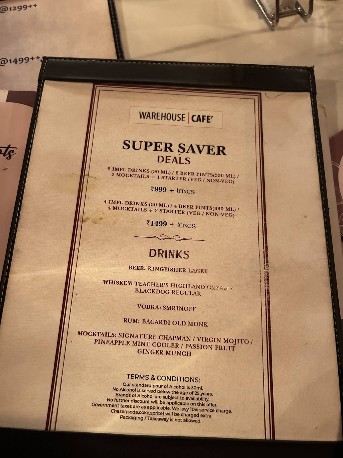 Warehouse Cafe menu
