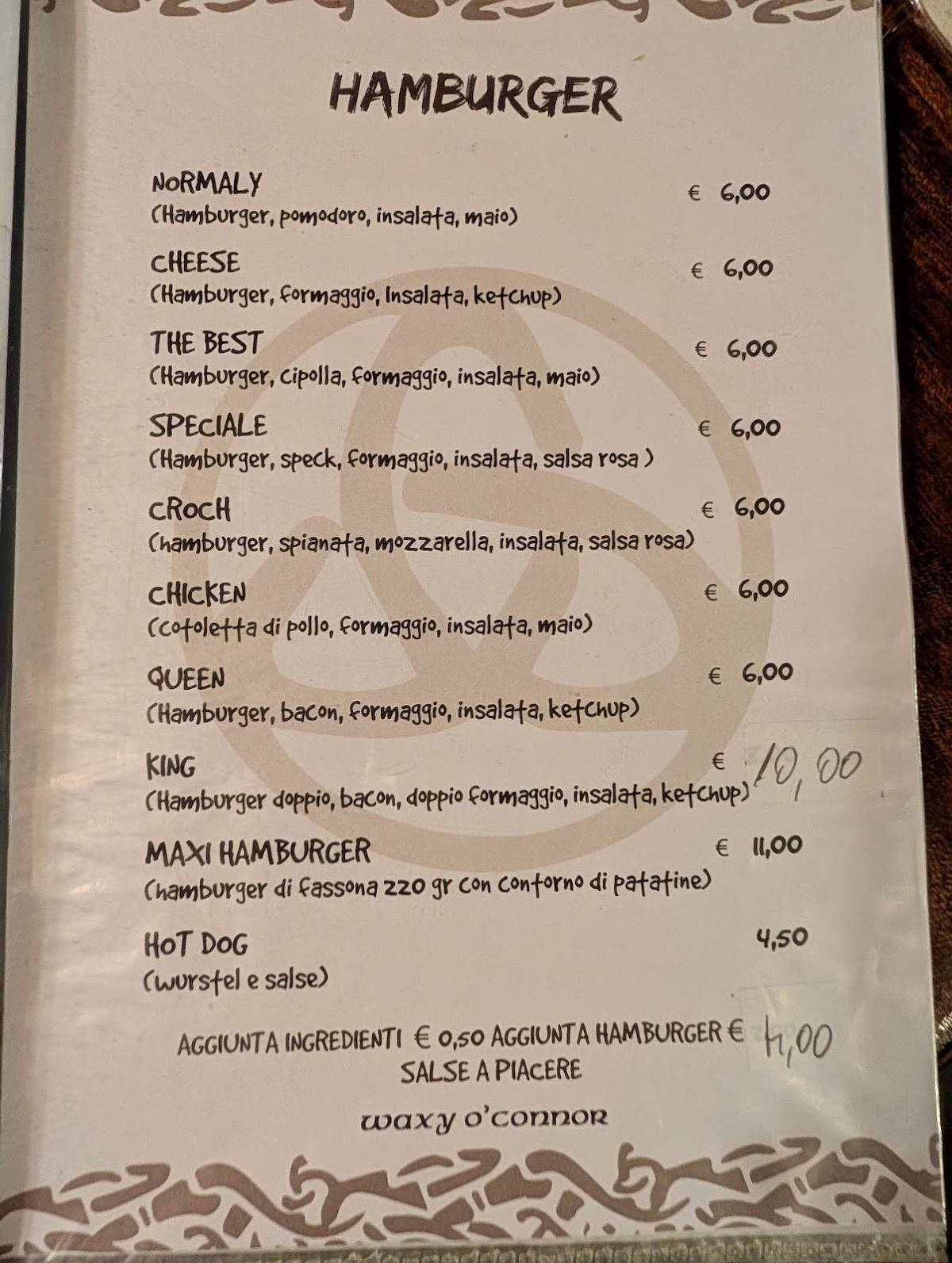Menu di Waxy O'Connor 