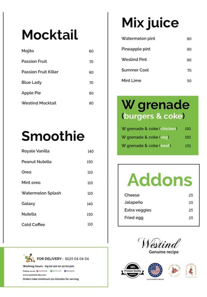Westind Burgers menu