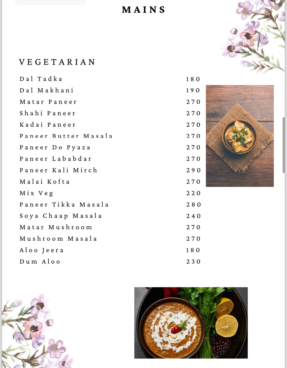 White Orchid Cafe and Restaurant menu