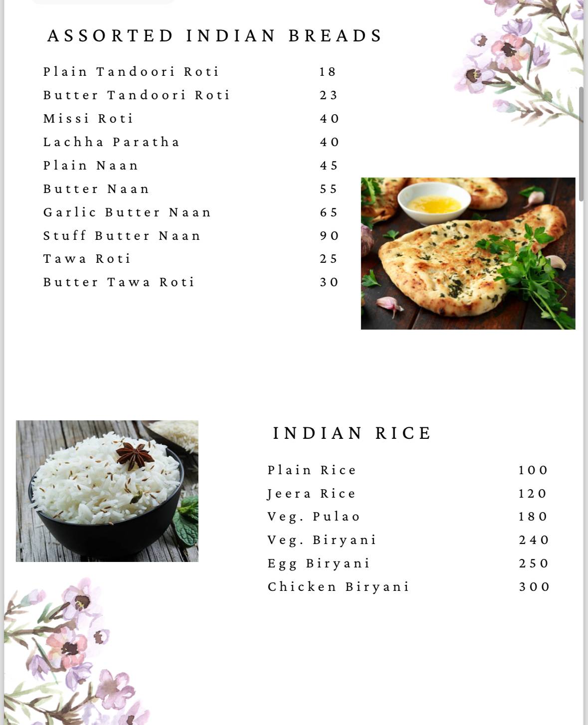 White Orchid Cafe and Restaurant menu