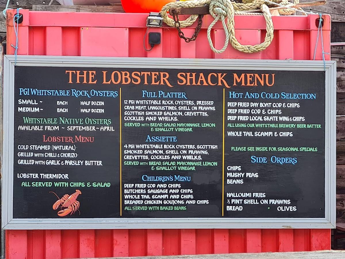 Menu at The Lobster Shack restaurant, Whitstable