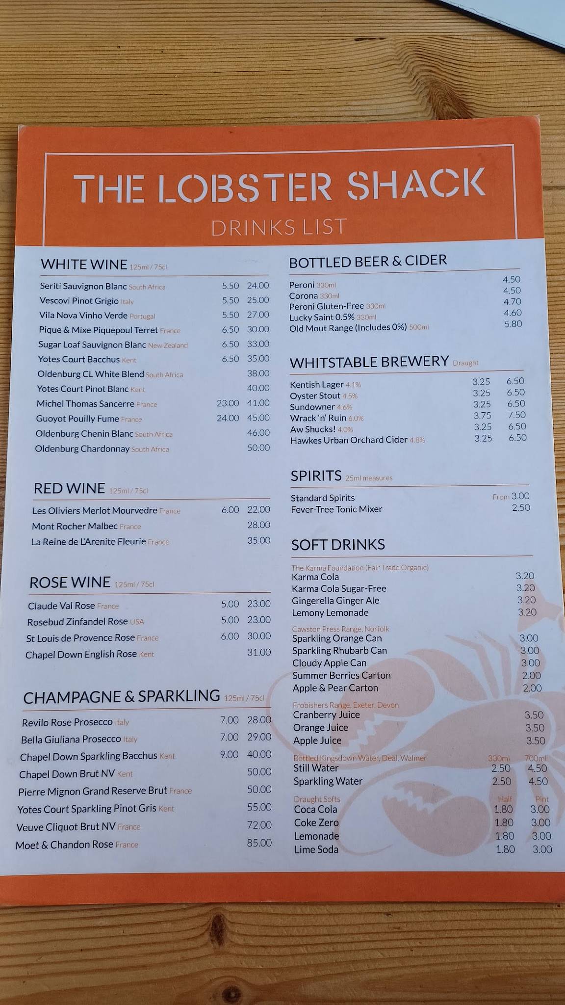 Menu at The Lobster Shack restaurant, Whitstable