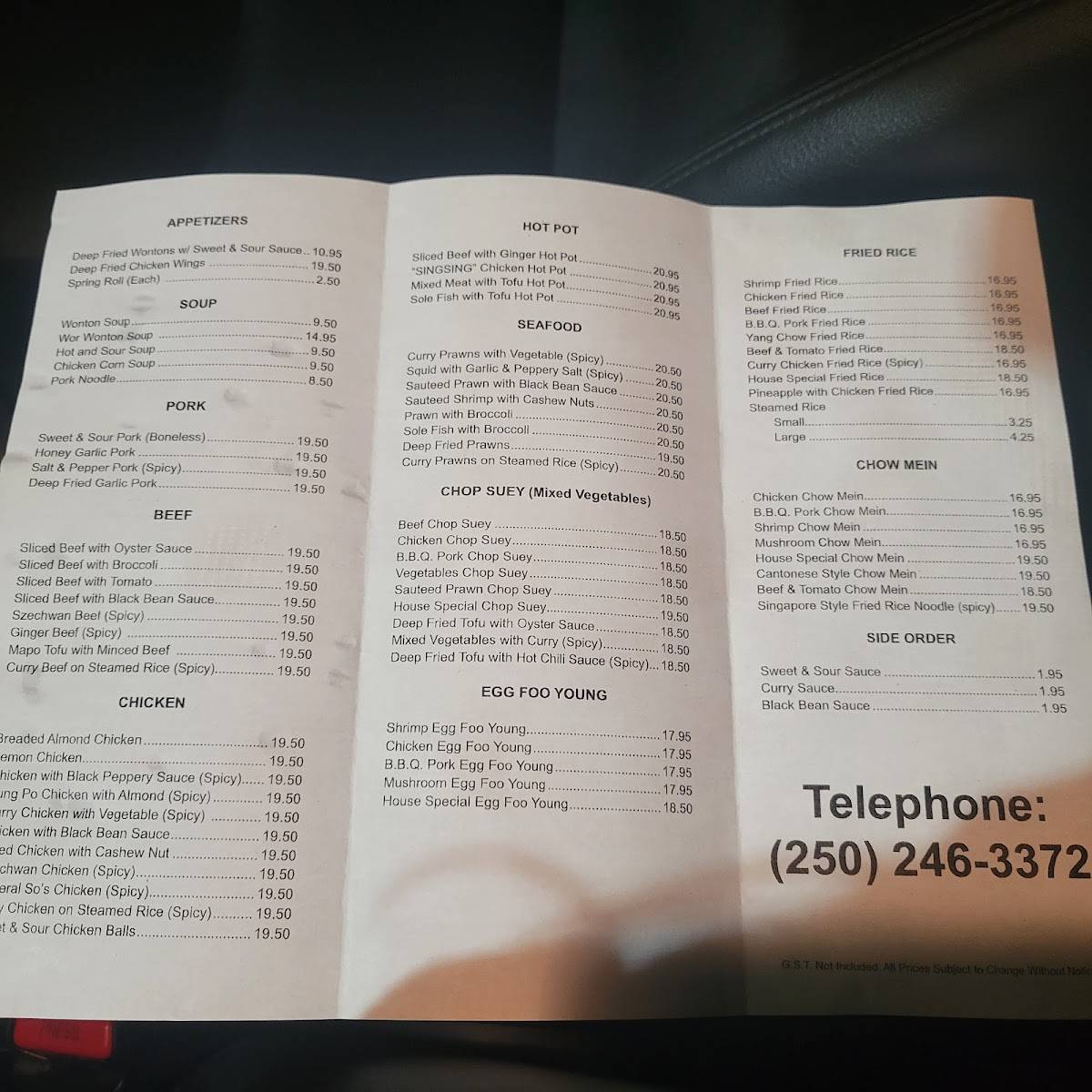Menu at Wings Cafe, Chemainus