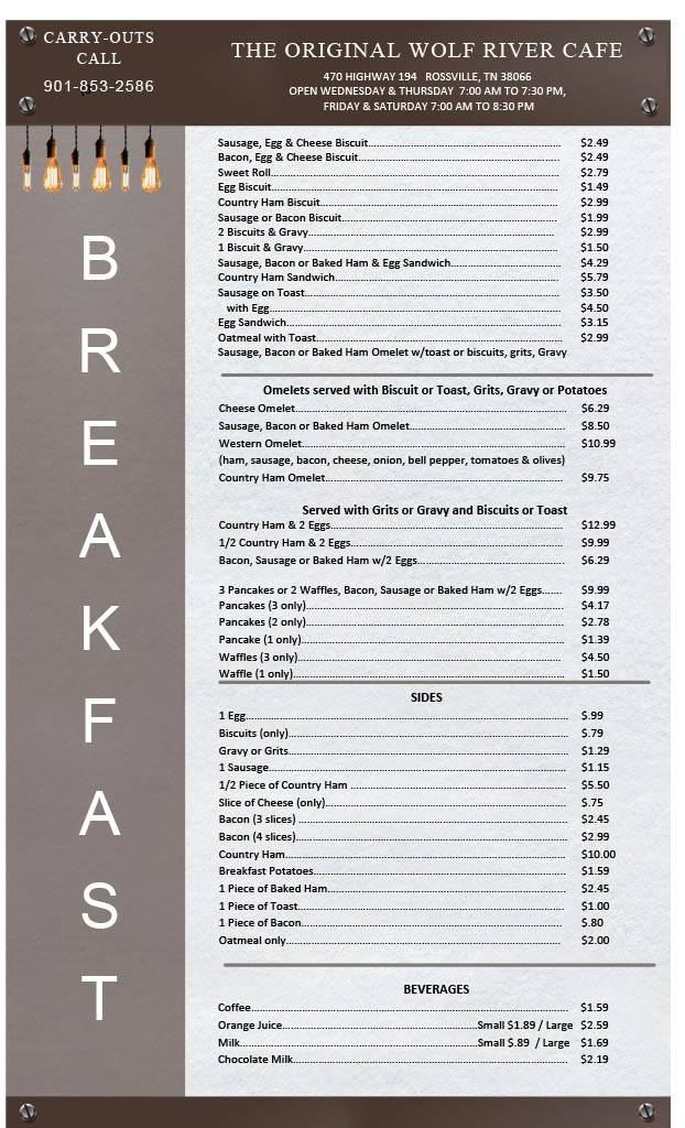 Menu at Wolf River Cafe, Rossville, 460 Main St