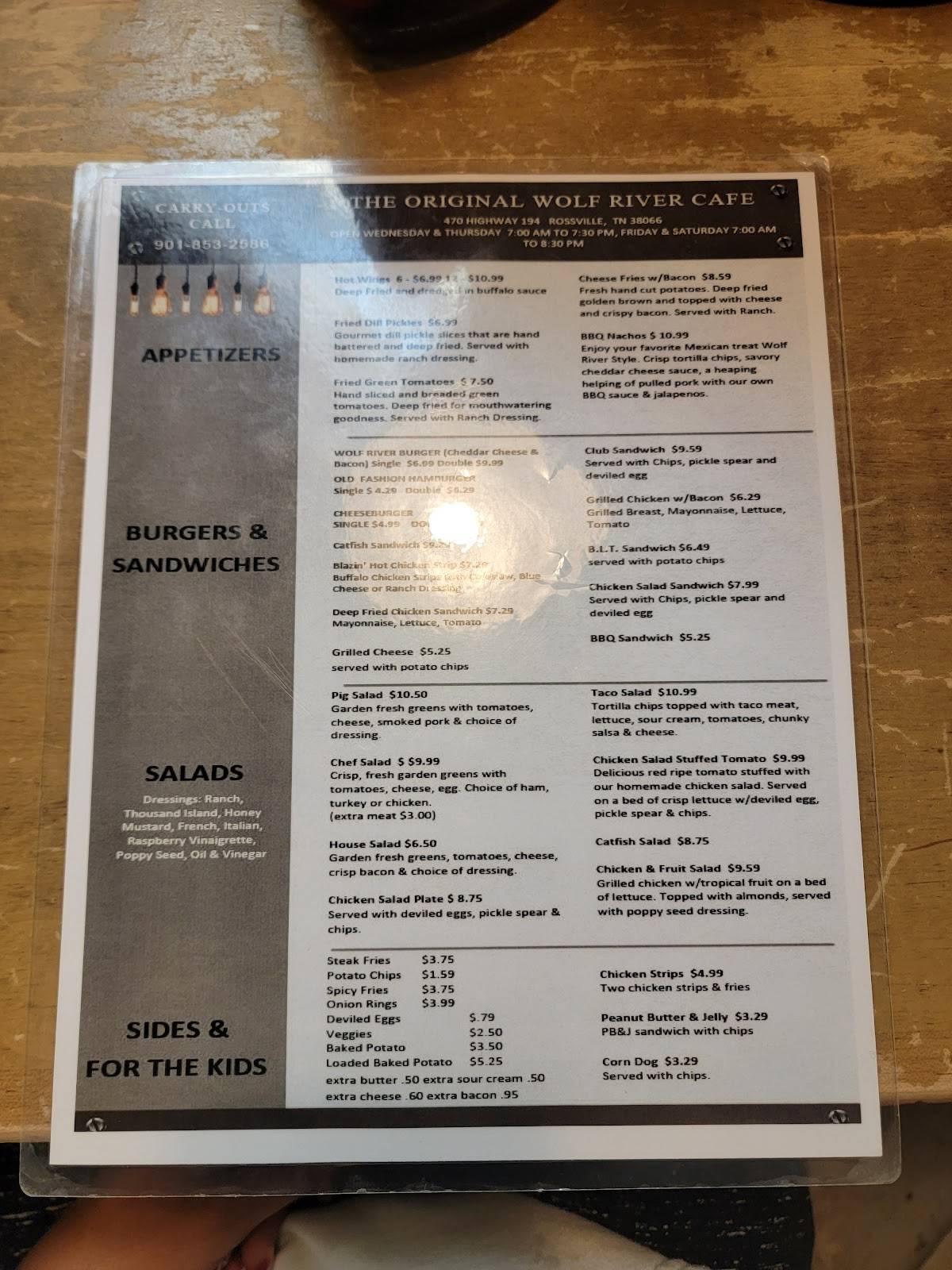 Menu at Wolf River Cafe, Rossville, 460 Main St