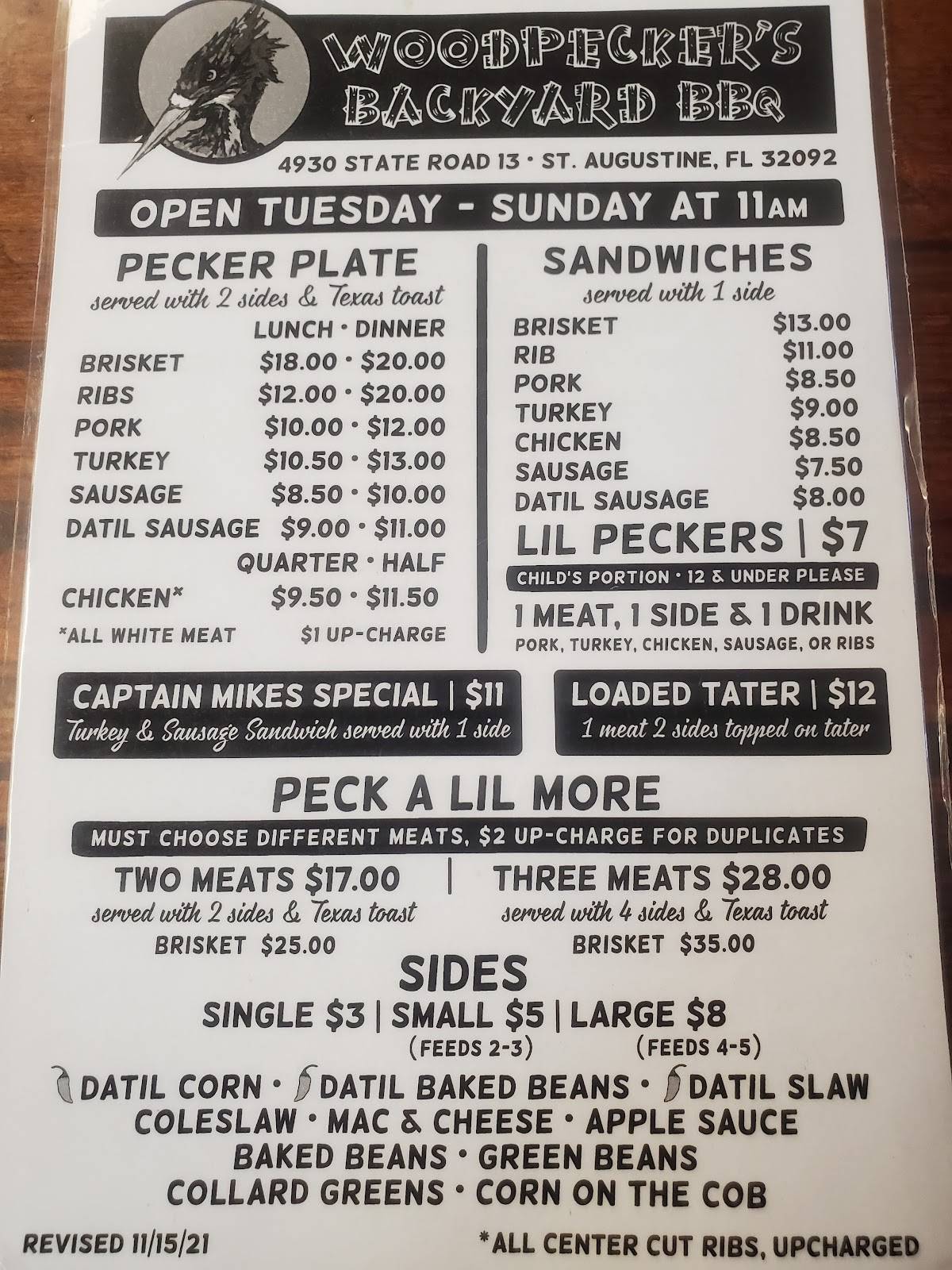 Menu at Woodpeckers Backyard BBQ, Jacksonville