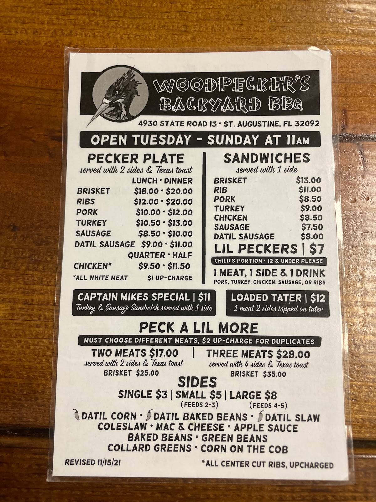 Menu at Woodpeckers Backyard BBQ, Jacksonville